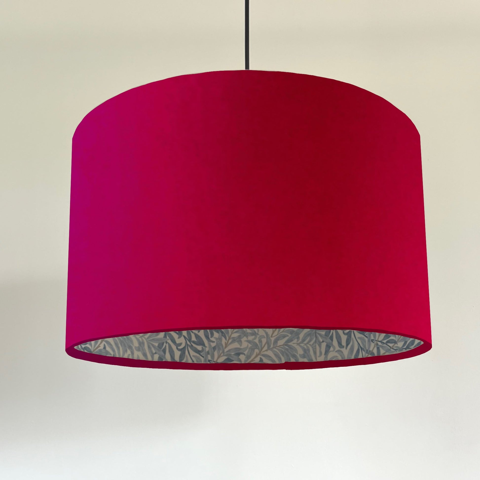 Cerise pink velvet drum lampshade, double sided lampshade, with William Morris blue leaves cotton interior