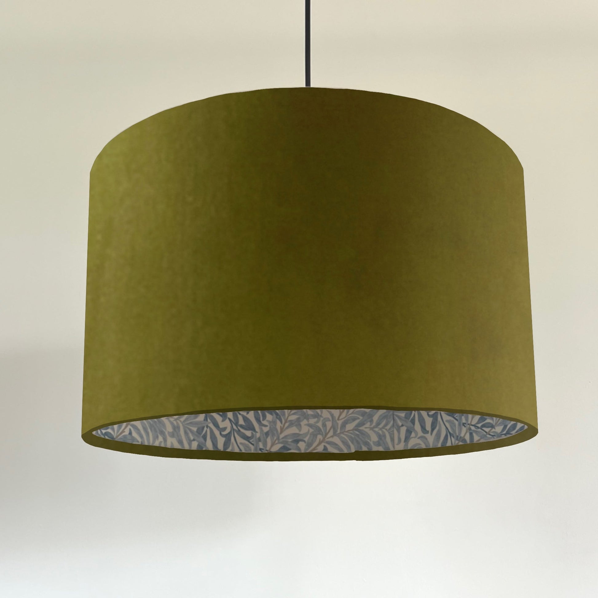 Olive velvet drum lampshade, double sided lampshade, with William Morris blue leaves cotton interior
