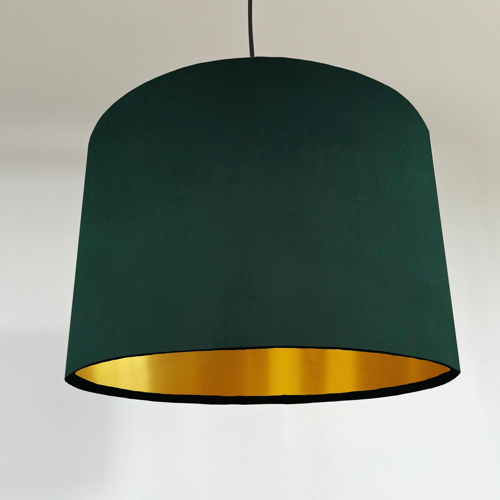 Green velvet drum lampshade/ ceiling shade with a metallic brushed gold lining