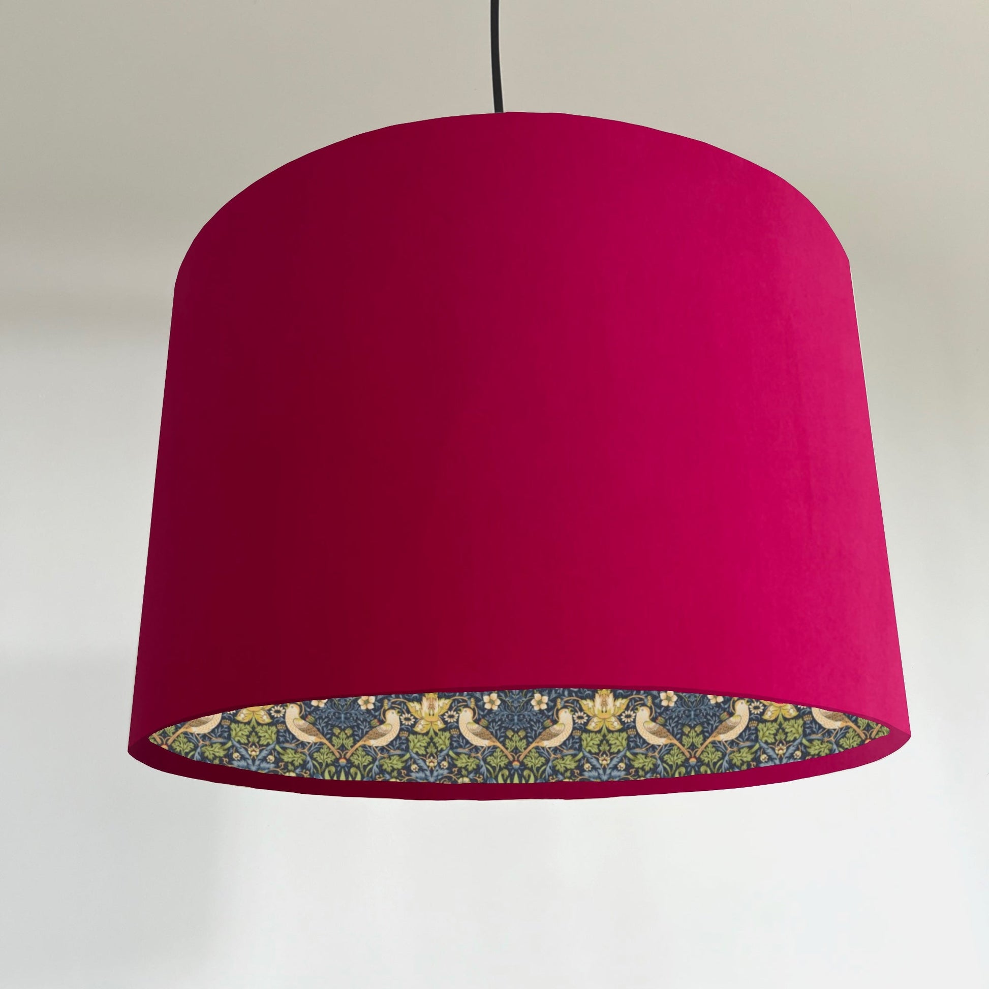 Cerise pink velvet drum lampshade/ ceiling light shade with navy strawberry thief cotton interior