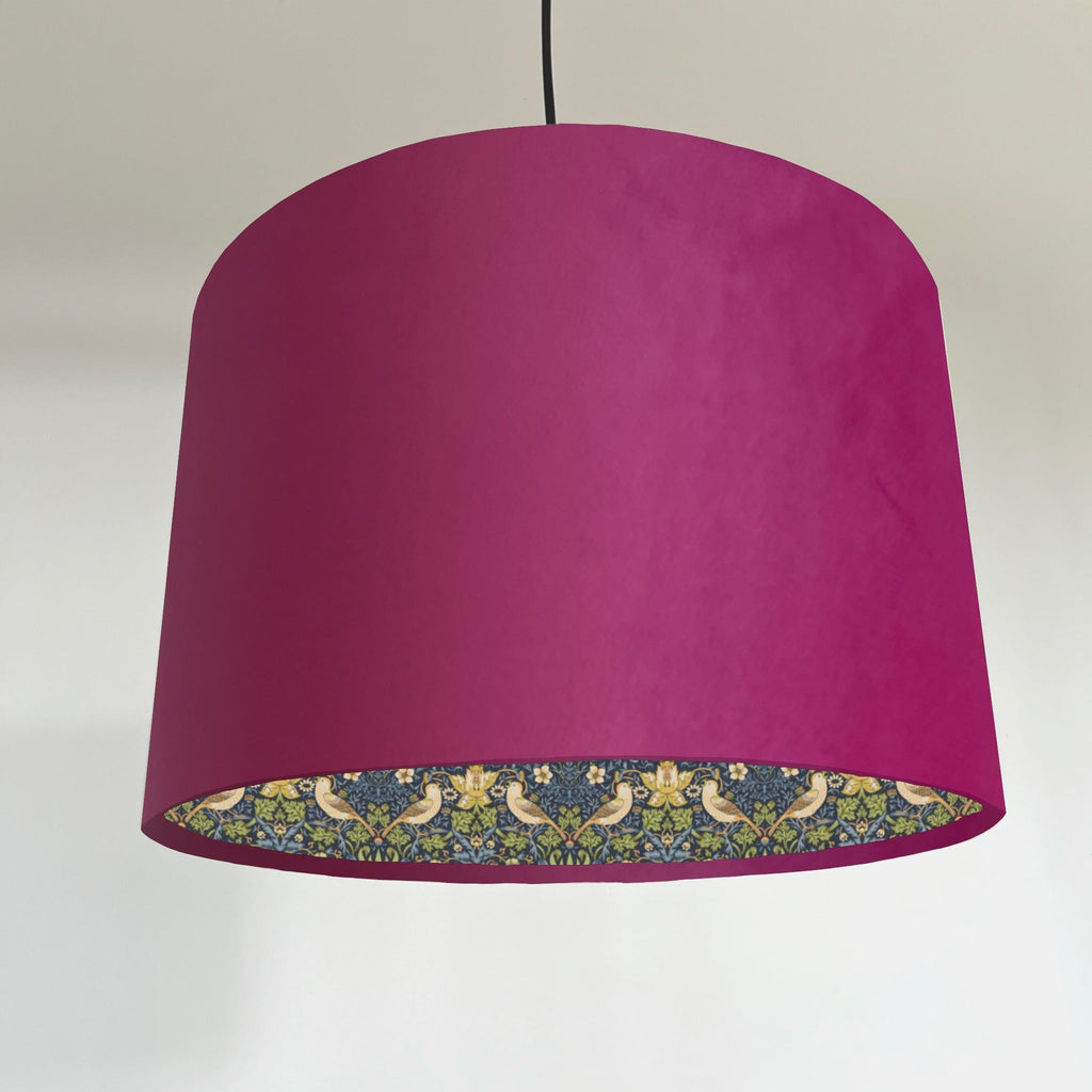 Hot Pink velvet drum lampshade/ ceiling light shade with navy strawberry thief cotton interior