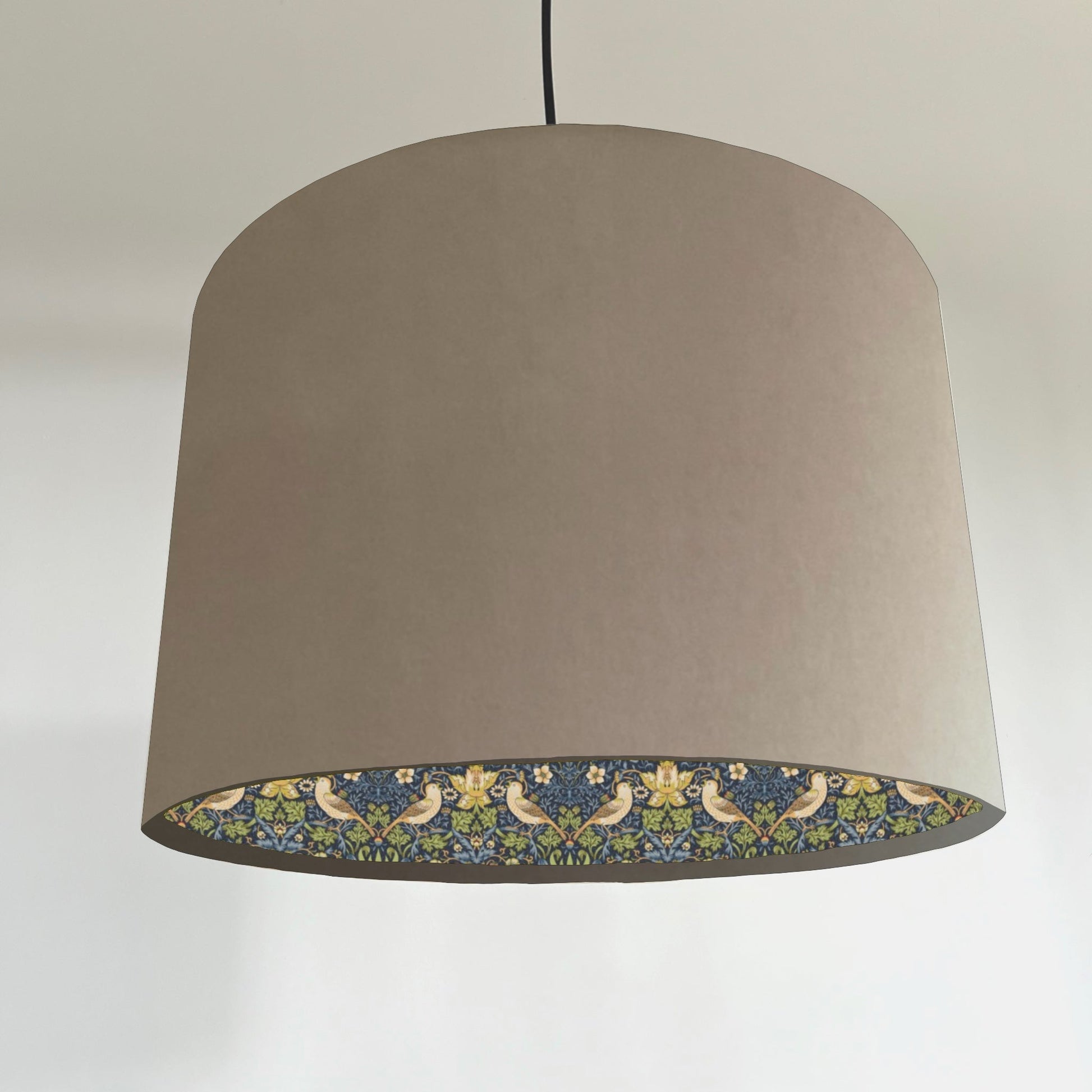 Cream velvet drum lampshade, double sided lampshade, with navy strawberry thief cotton interior