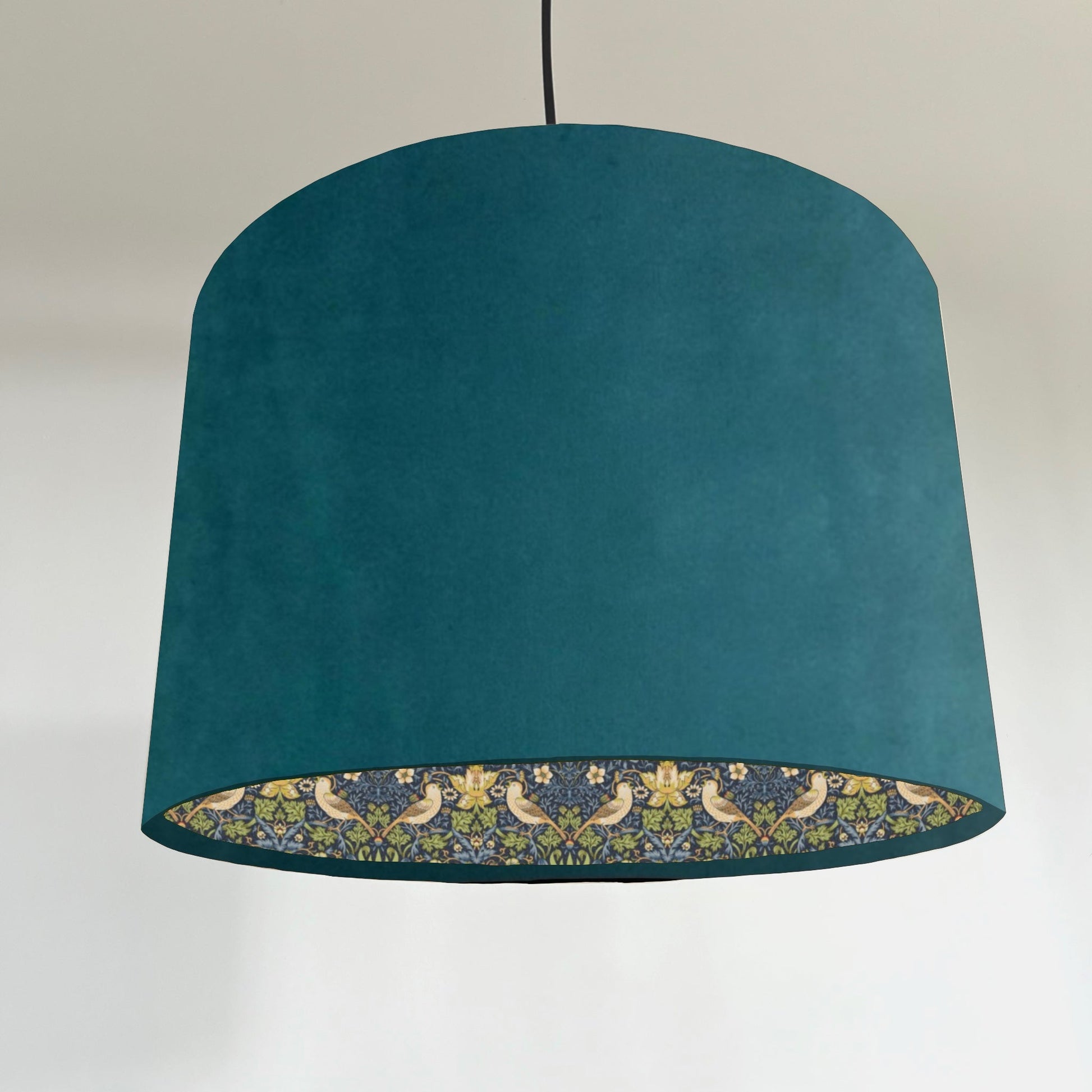Teal velvet drum lampshade, double sided lampshade, with strawberry thief navy cotton interior
