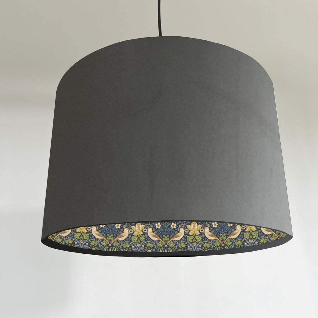 Grey velvet drum lampshade, double sided lampshade, with strawberry thief cotton interior
