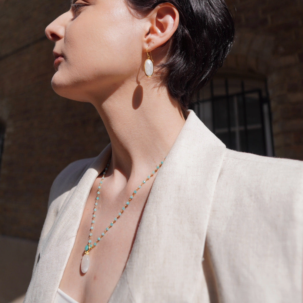 Oval Labradorite Drop Earrings in Gold