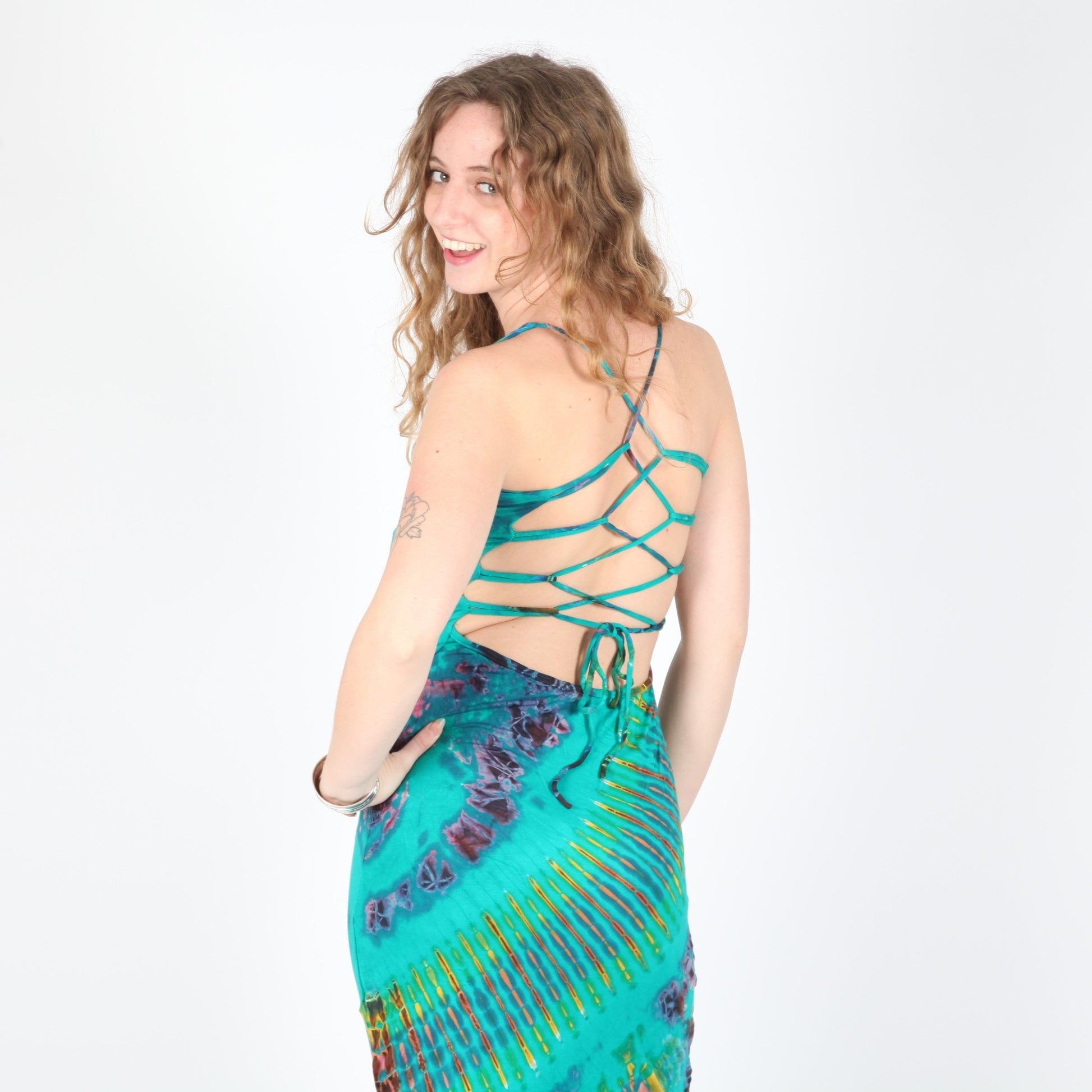 Tie Dye Bodycon Maxi Dress with Lattice Back