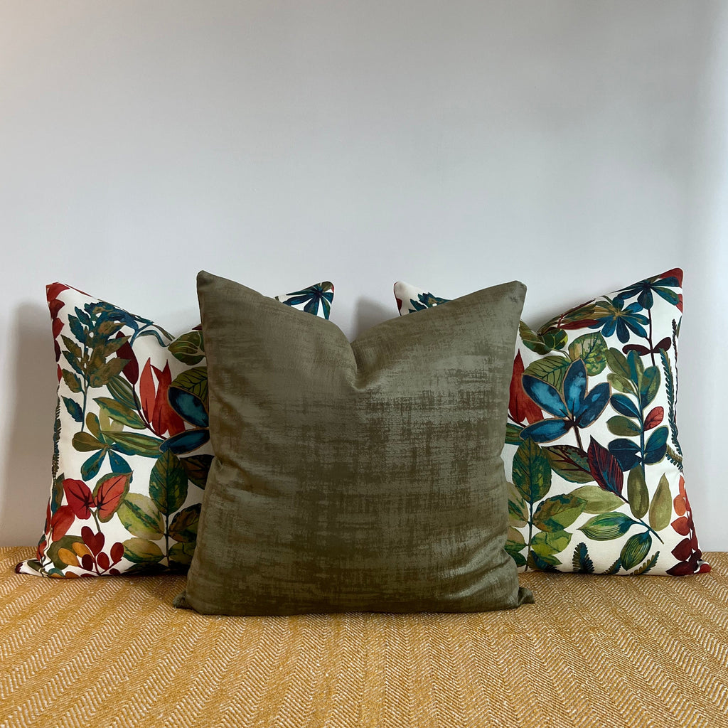 Textured olive velvet throw cushion, scatter cushion