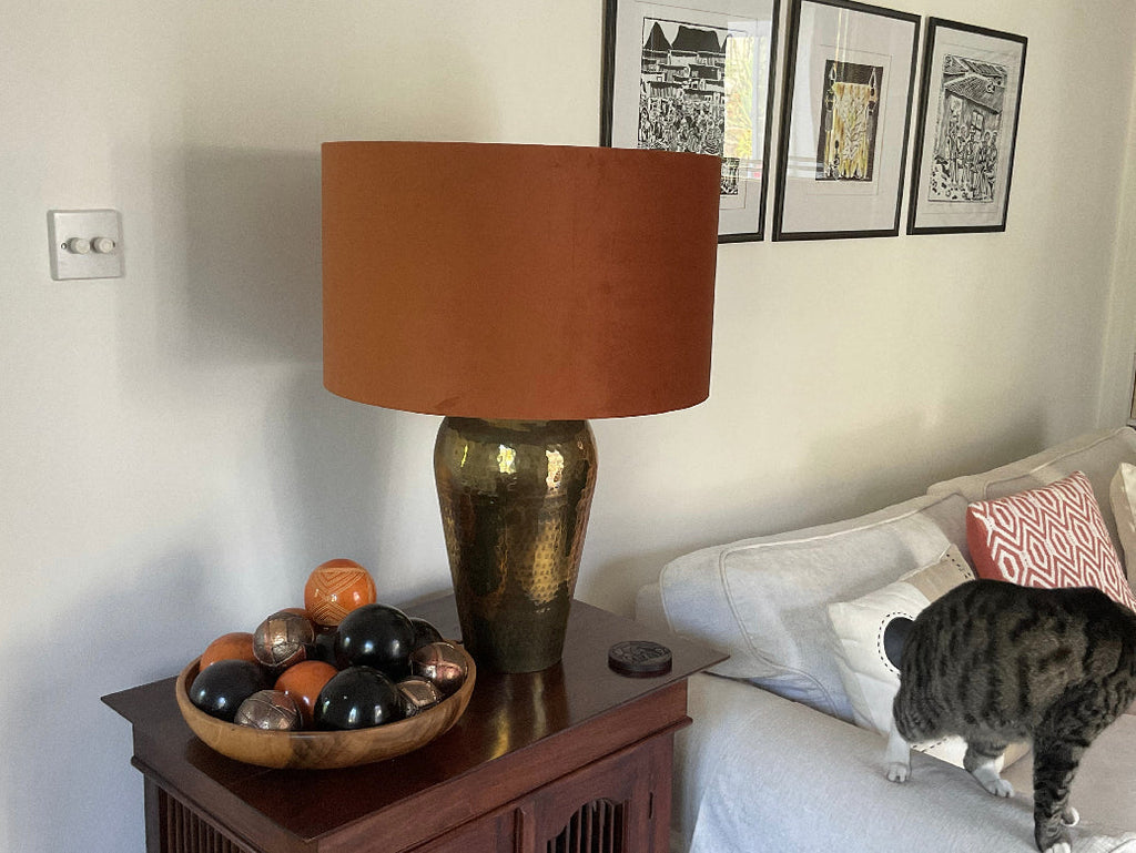Burnt orange velvet drum lampshade/ ceiling light shade with sage green cotton interior