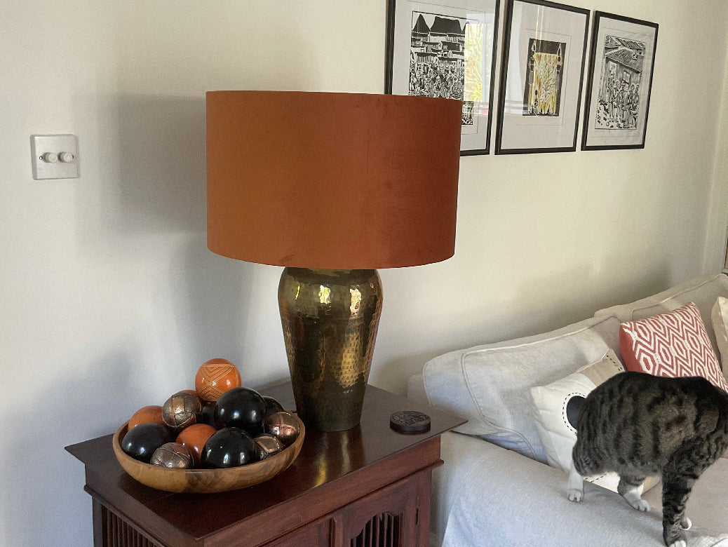 Burnt orange velvet drum lampshade/ ceiling light shade with zebra print cotton interior