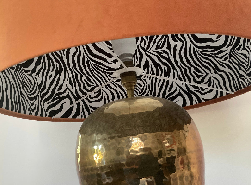 Burnt orange velvet drum lampshade/ ceiling light shade with zebra print cotton interior
