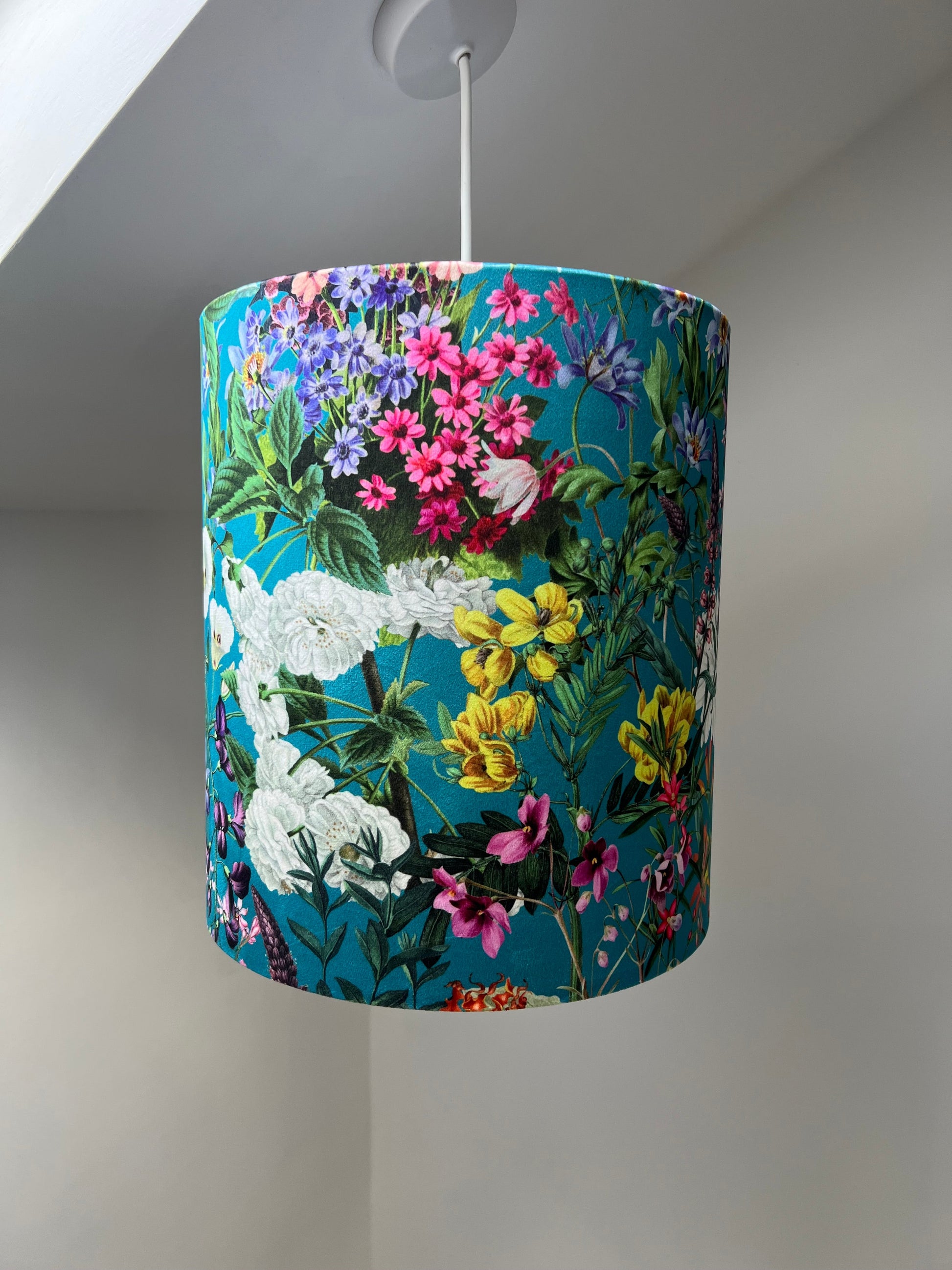 Teal flowers velvet drum lampshade / ceiling shade, with a white lining