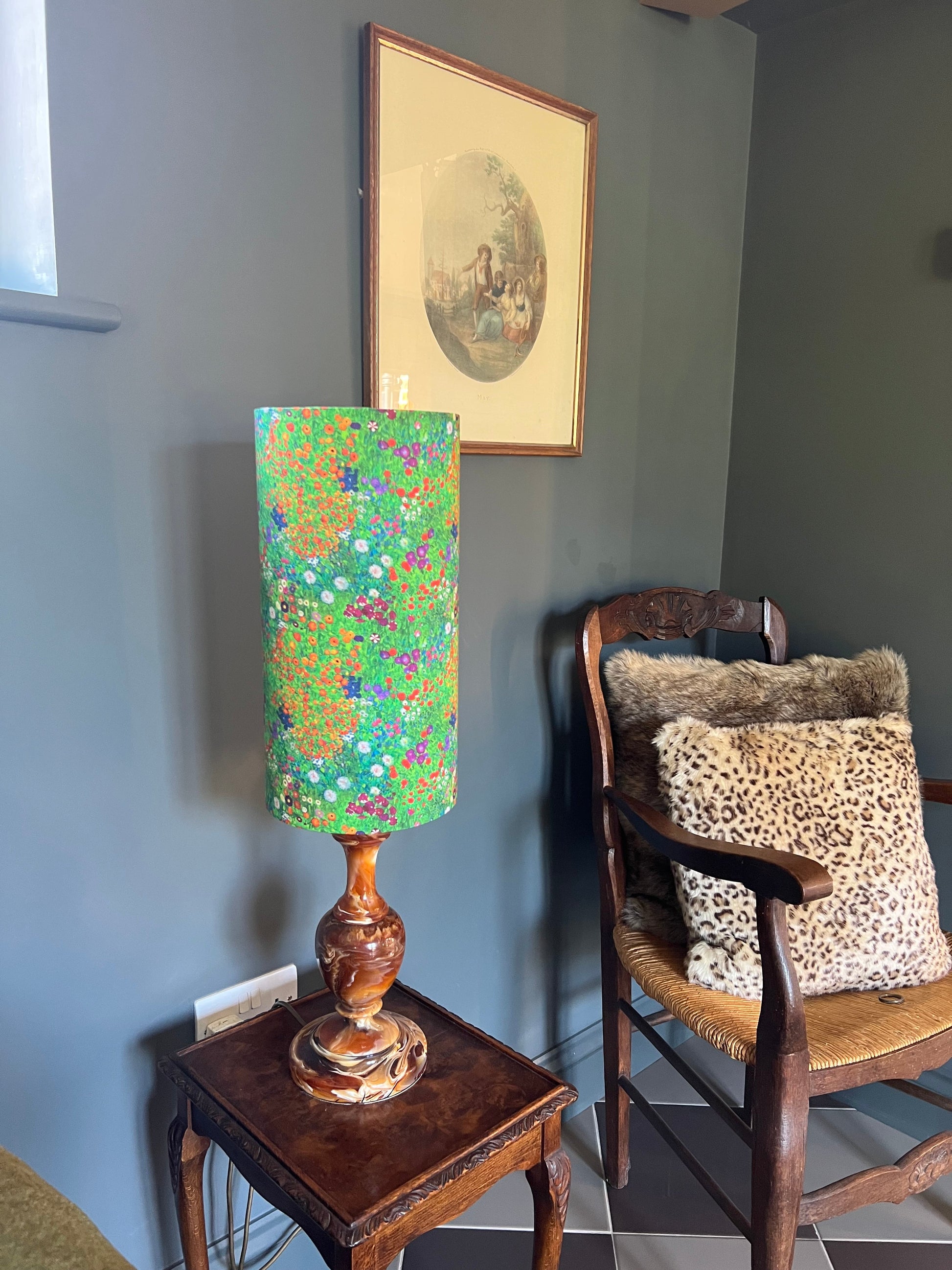 Green flowers cotton extra tall cylindrical lampshade, with a white lining