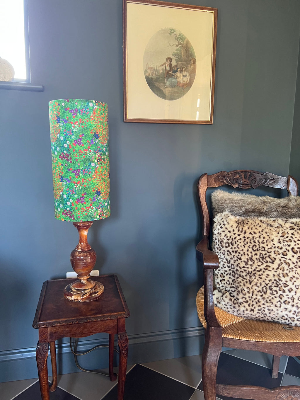 Green flowers cotton extra tall cylindrical lampshade, with a white lining