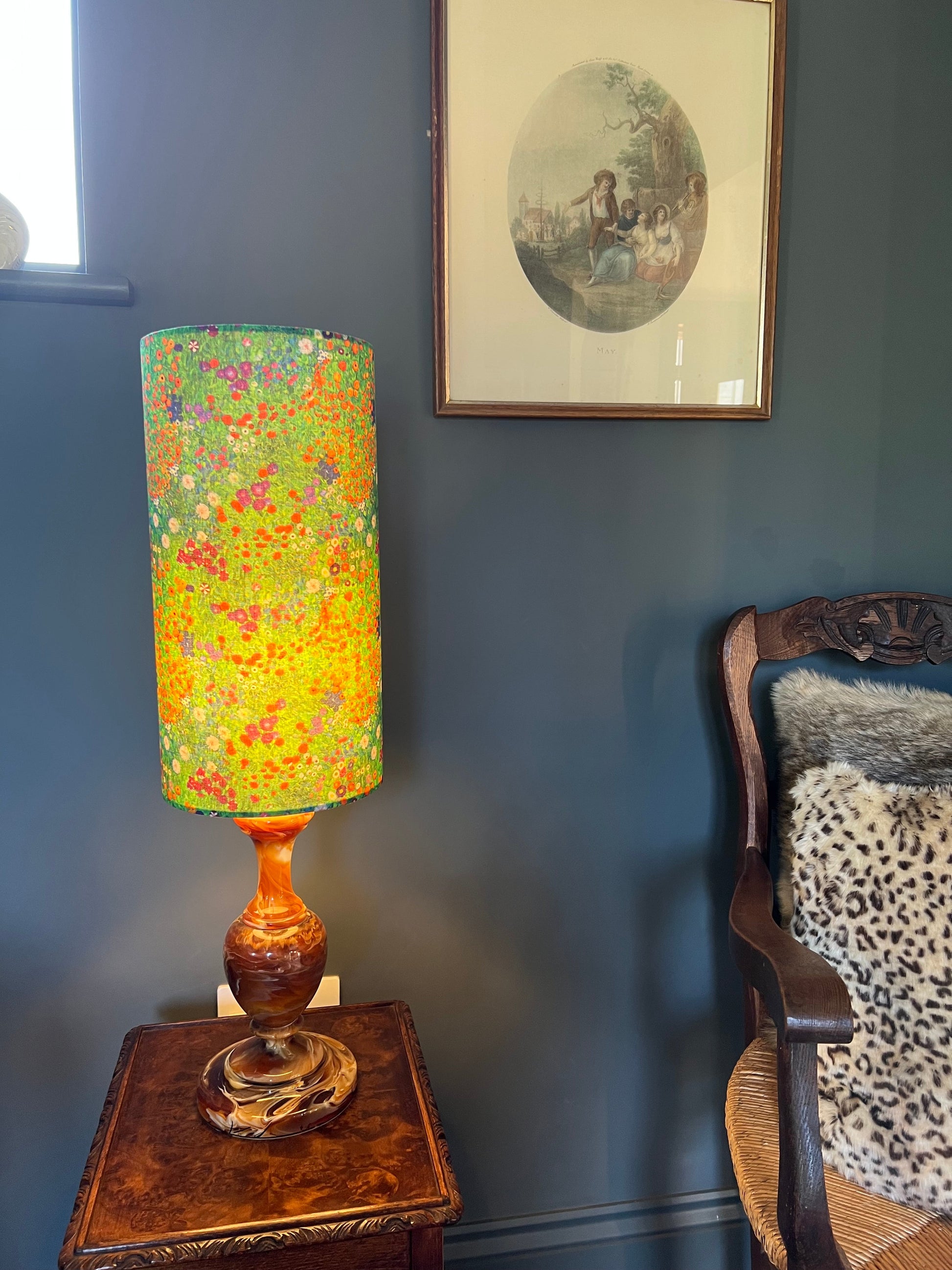 Green flowers cotton extra tall cylindrical lampshade, with a white lining