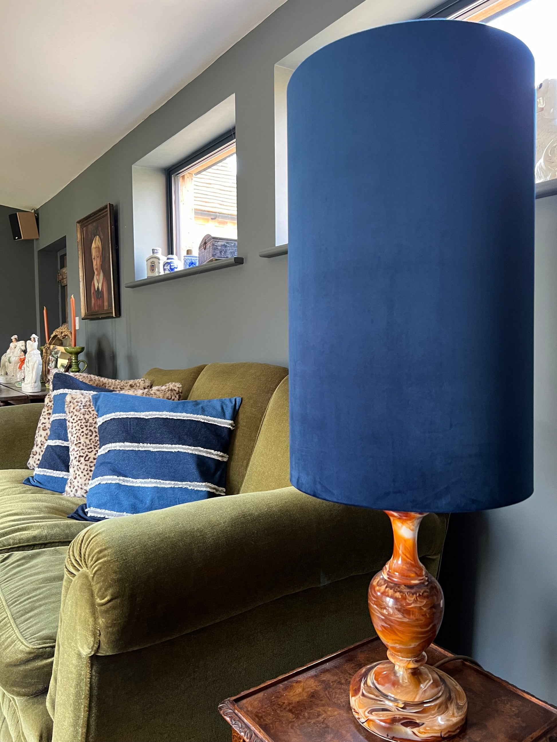 Navy Velvet cylinder lampshade, extra tall lampshade