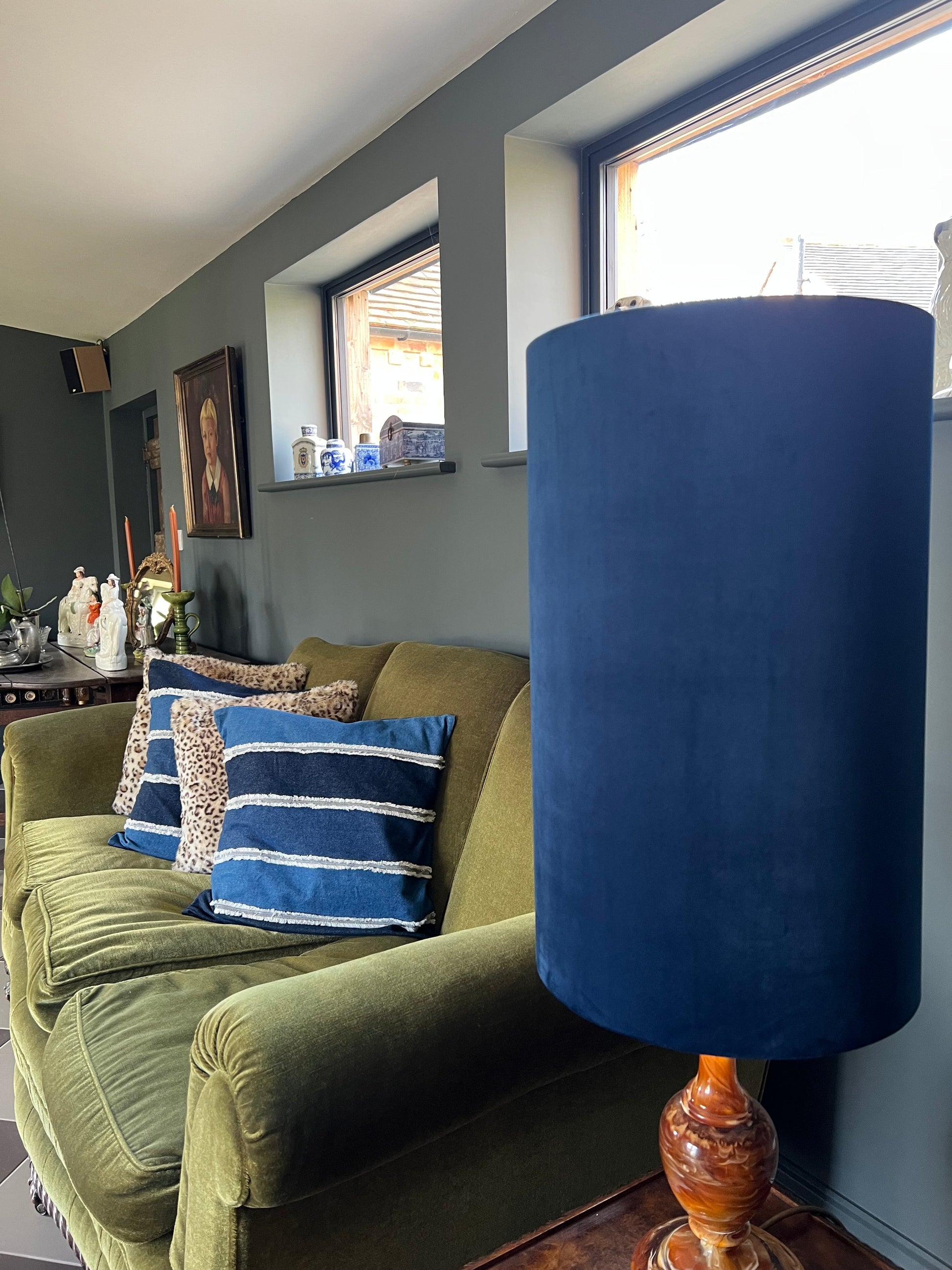 Navy Velvet cylinder lampshade, extra tall lampshade