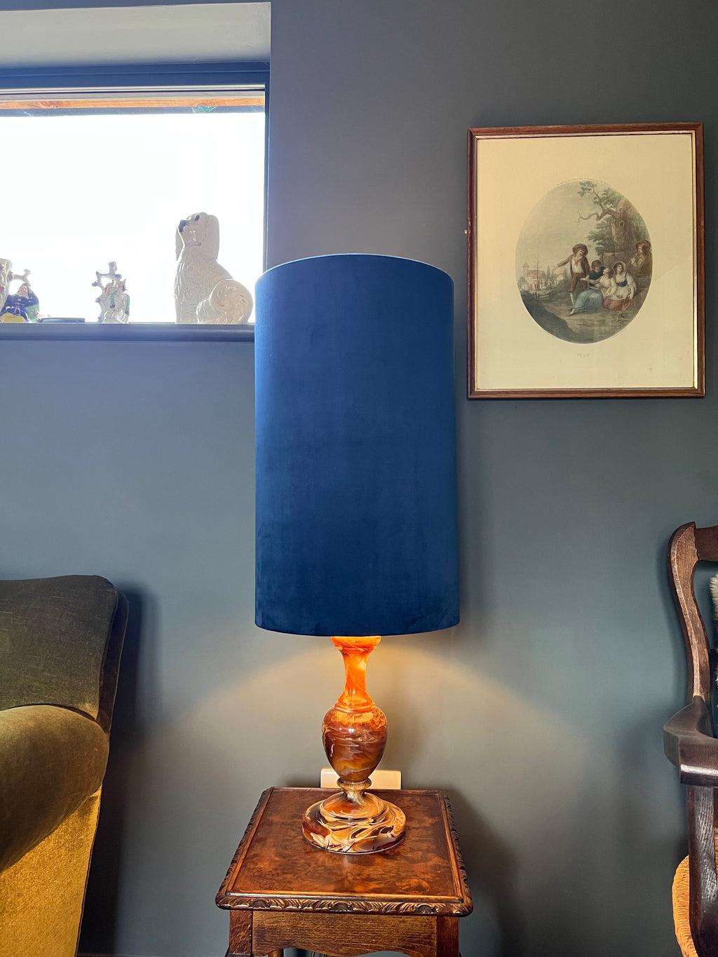 Navy Velvet cylinder lampshade, extra tall lampshade