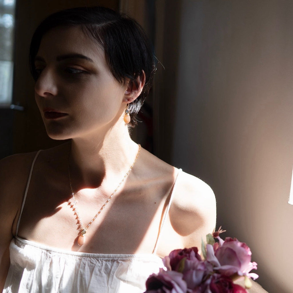 Persephone Double Gemstone Beaded Chain Necklace in Peach Moonstone and Labradorite