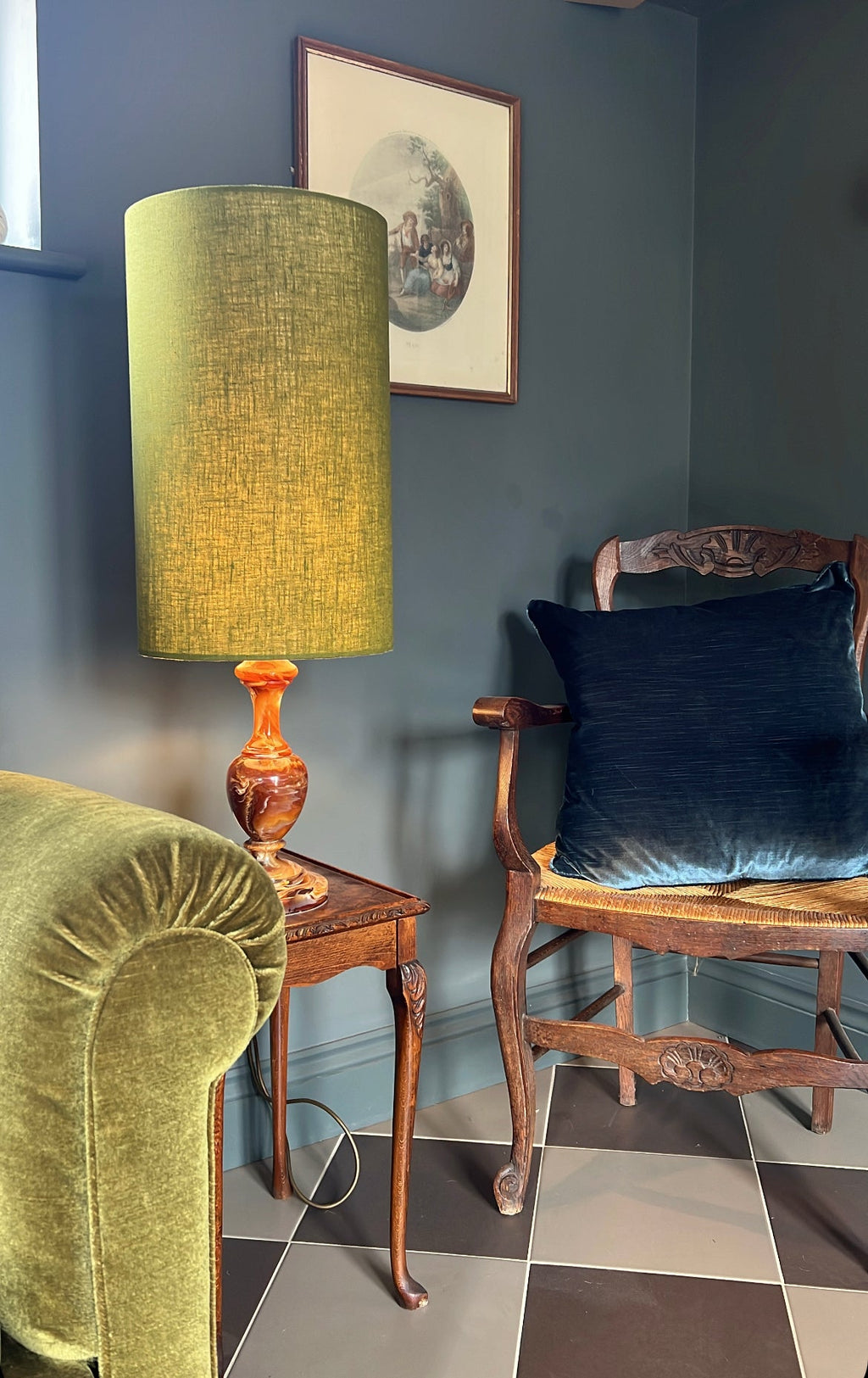 Olive linen cylinder lampshade, extra tall lampshade