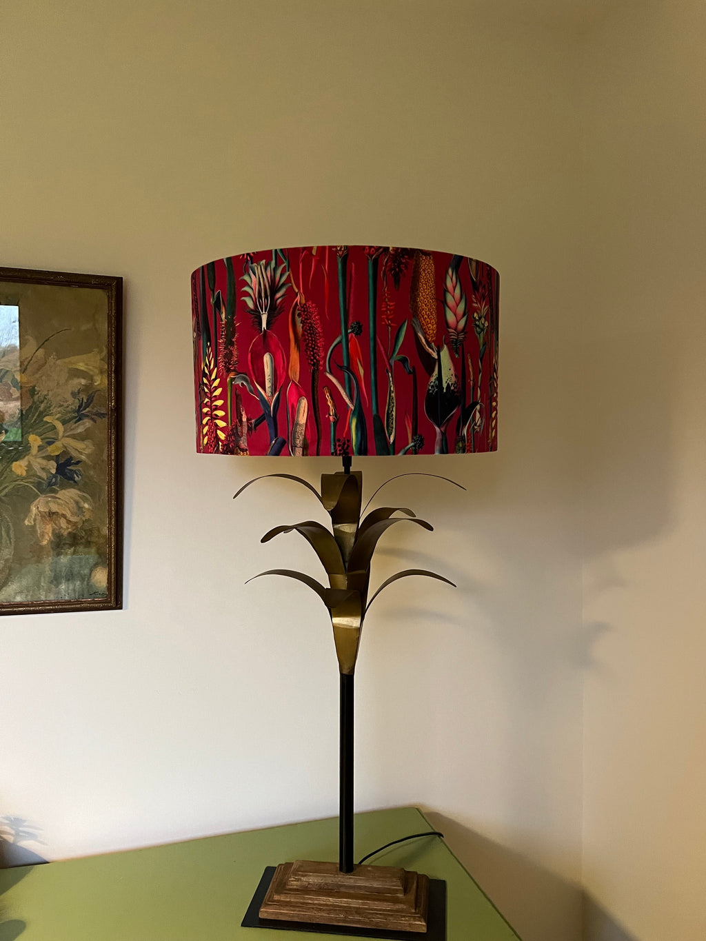 Cerise pink botanical velvet drum lampshade / ceiling shade, with a metallic brushed gold lining