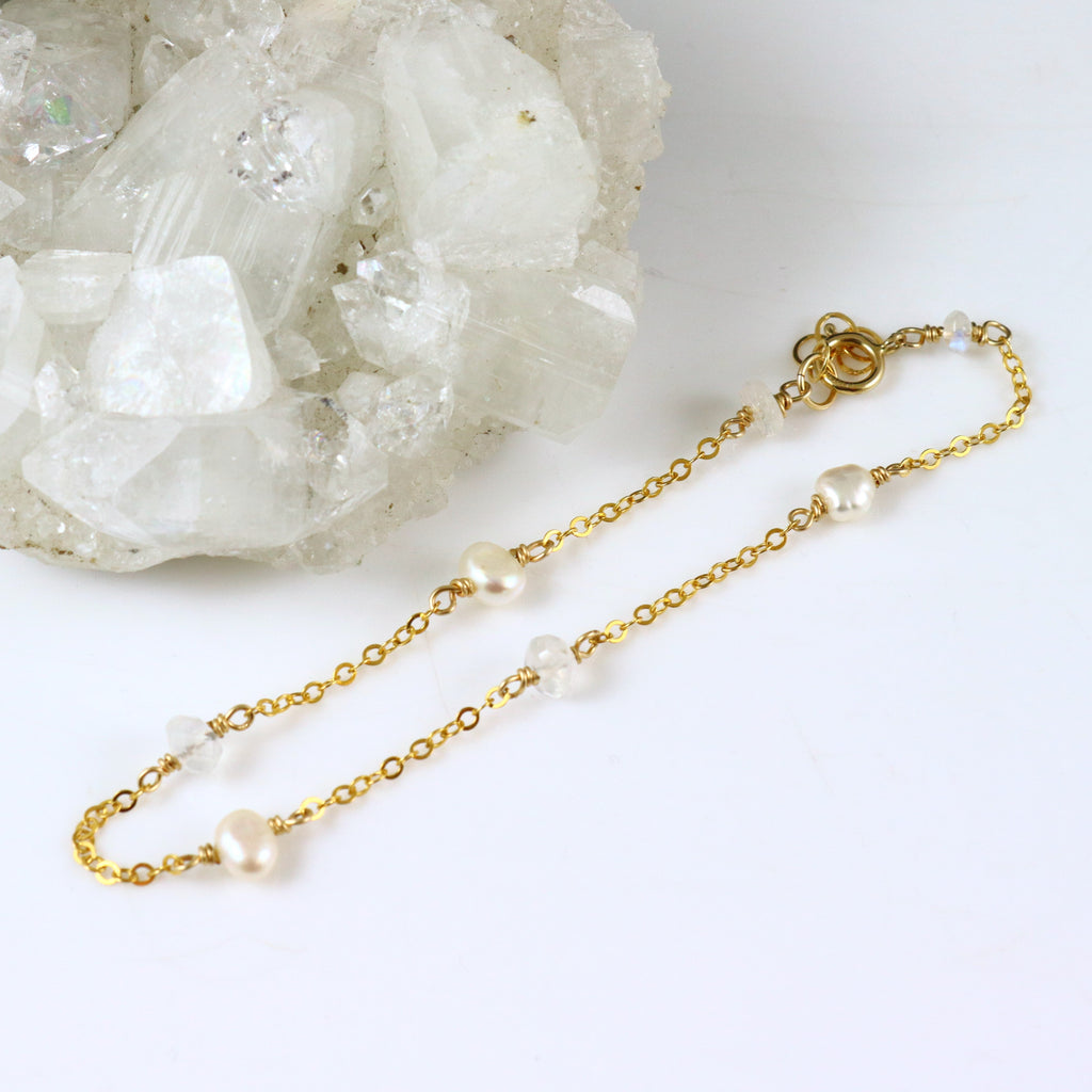Pearl and Moonstone Bracelet in Gold Filled