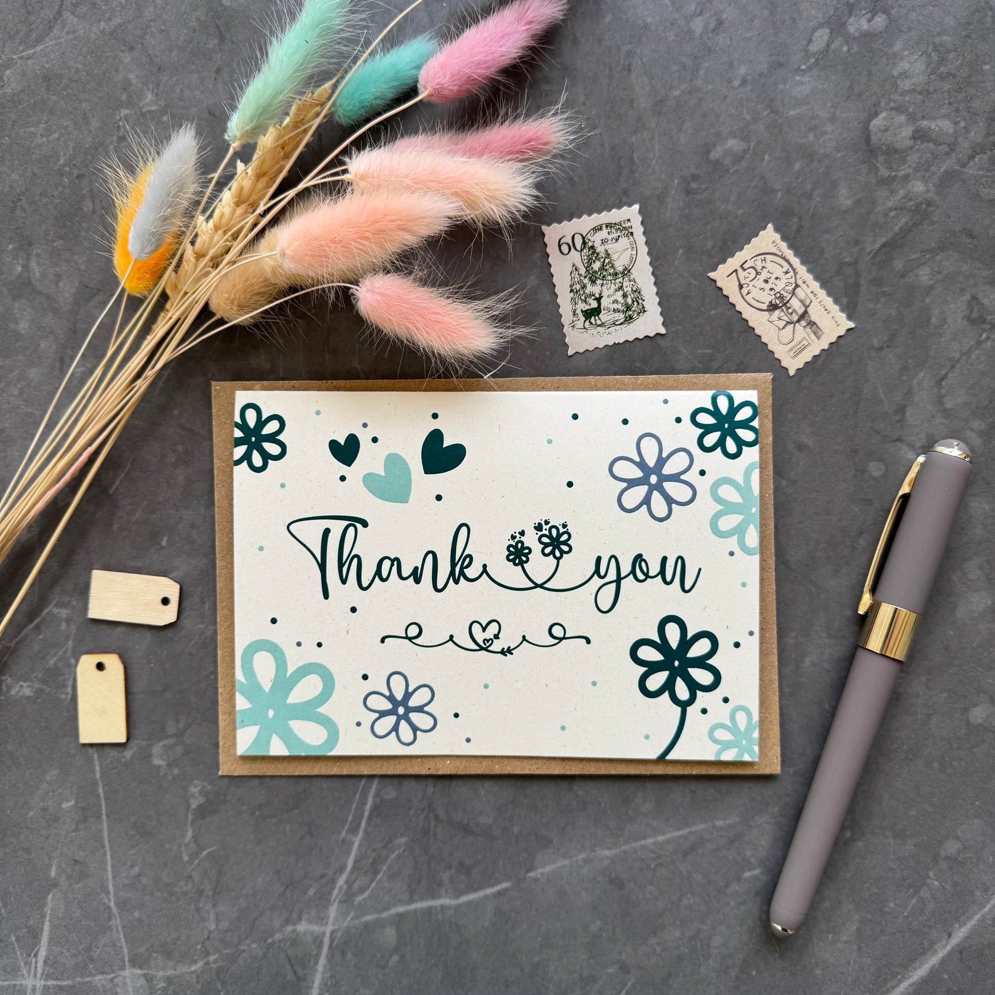 Thank You Note Card Set Teal Daisies