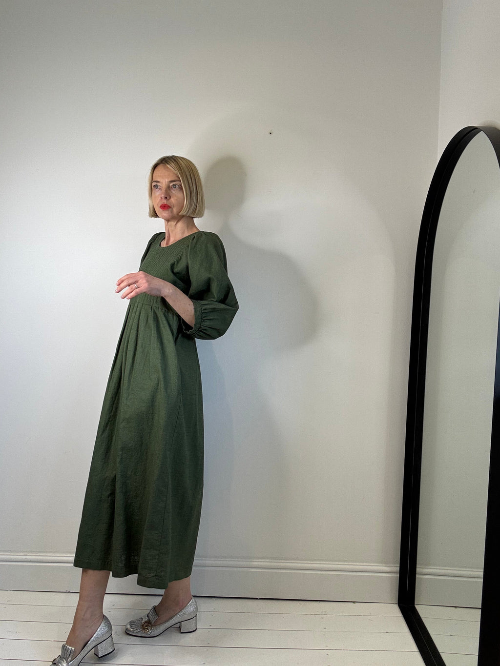 Linen Quilted Bib Dress in Khaki