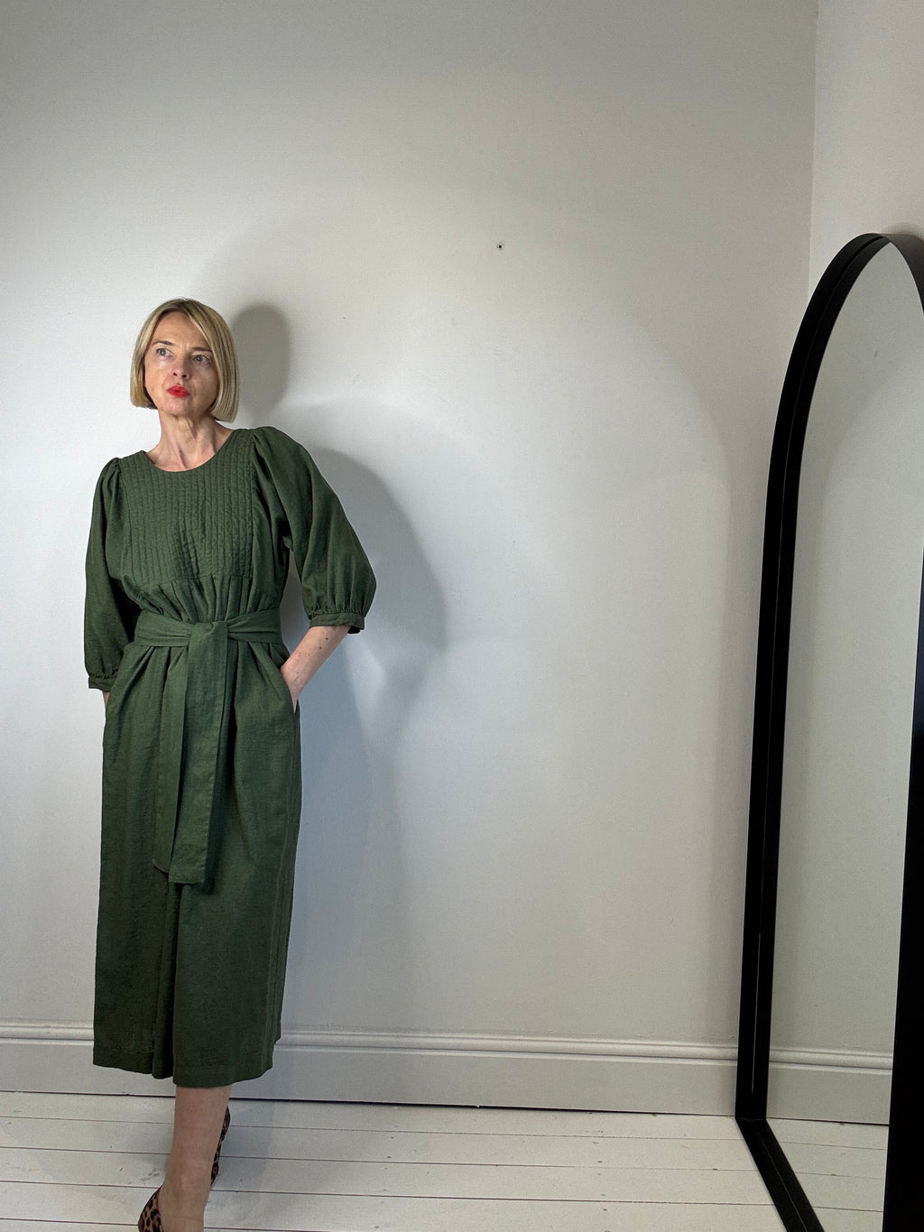 Linen Quilted Bib Dress in Khaki