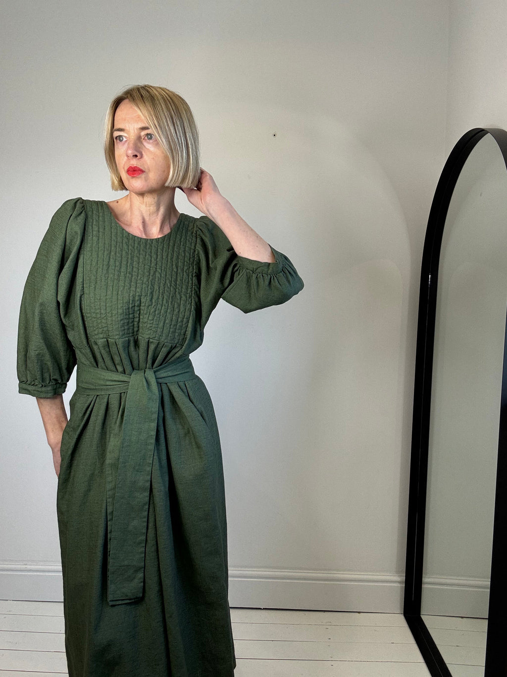 Linen Quilted Bib Dress in Khaki