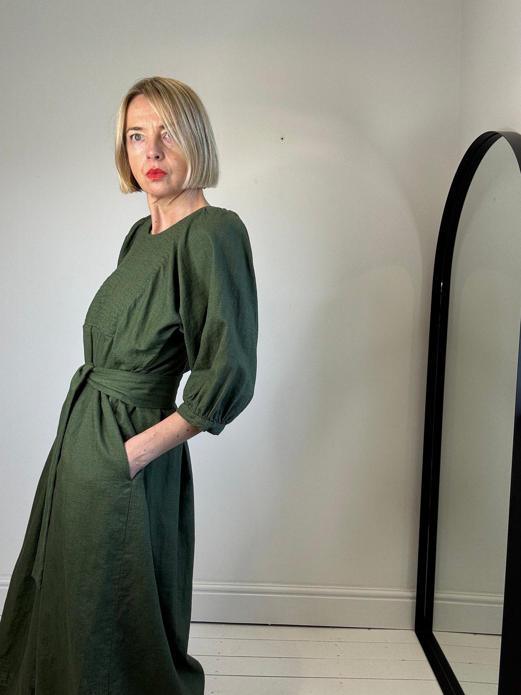 Linen Quilted Bib Dress in Khaki