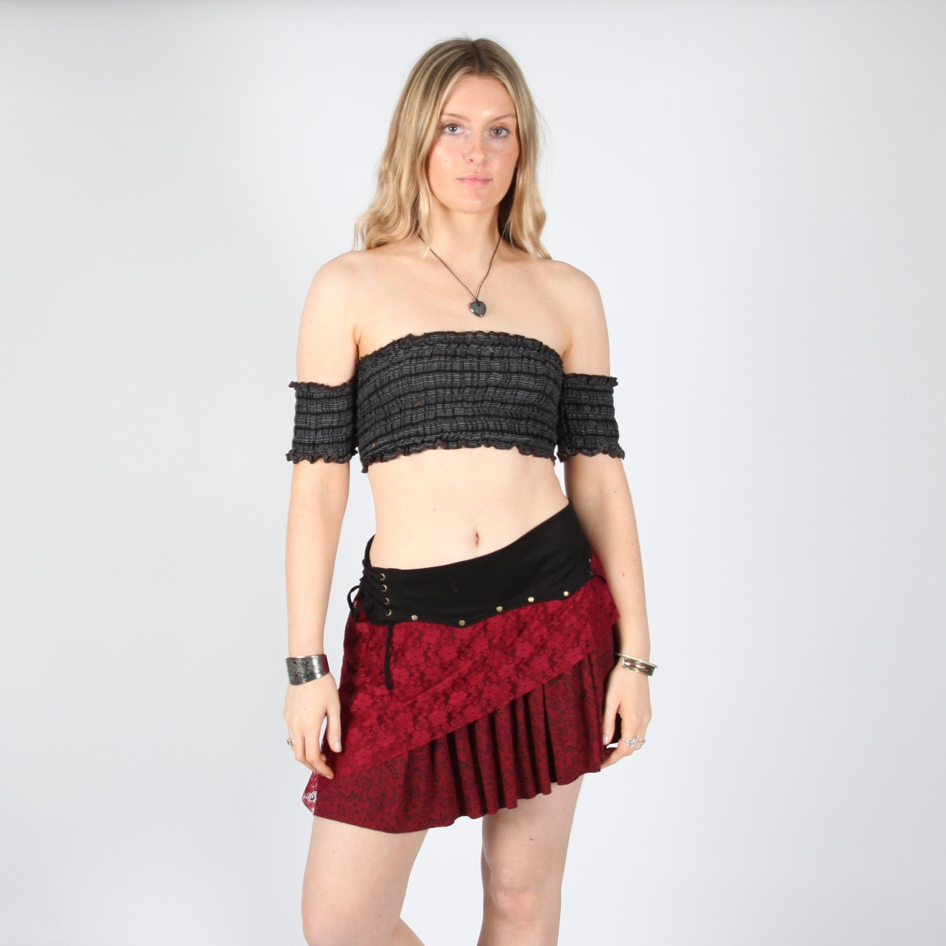 Layered Asymmetric Mini Skirt in Red and Black