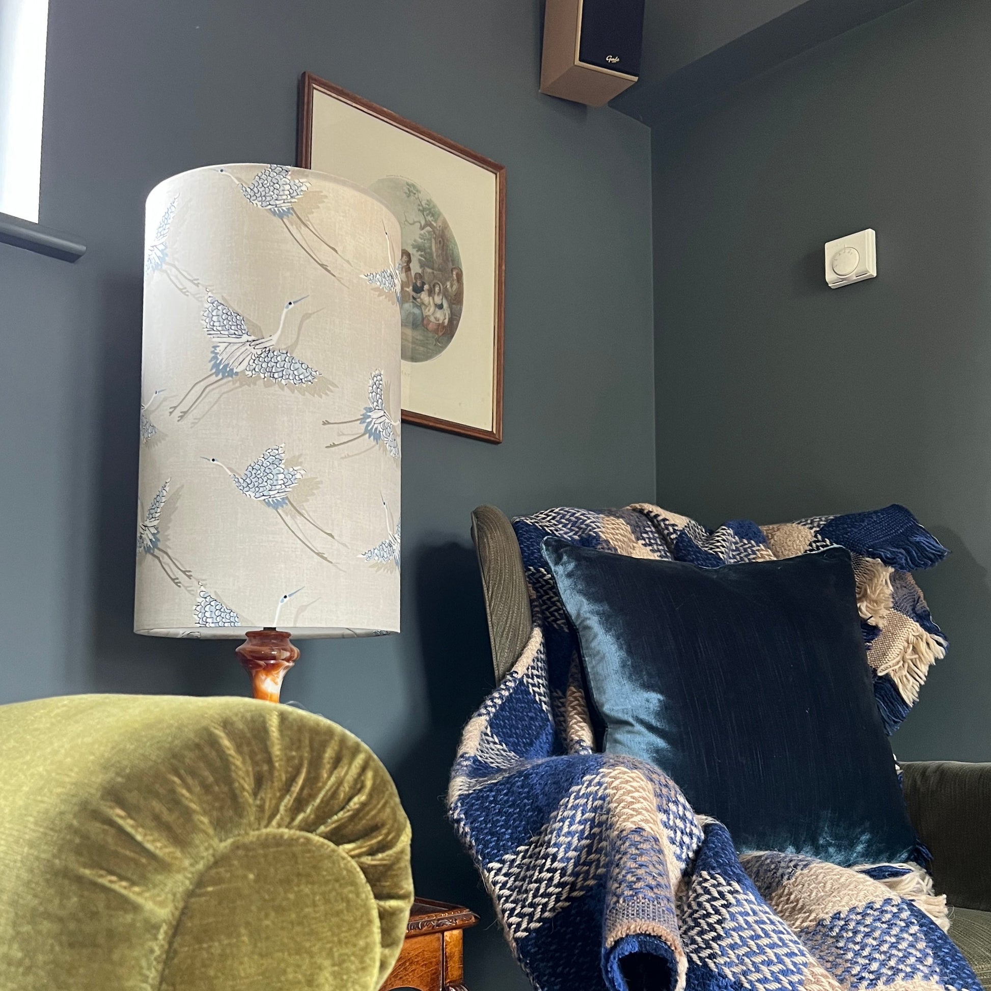 Flying birds in cream cylinder lampshade, in cotton, extra tall lampshade