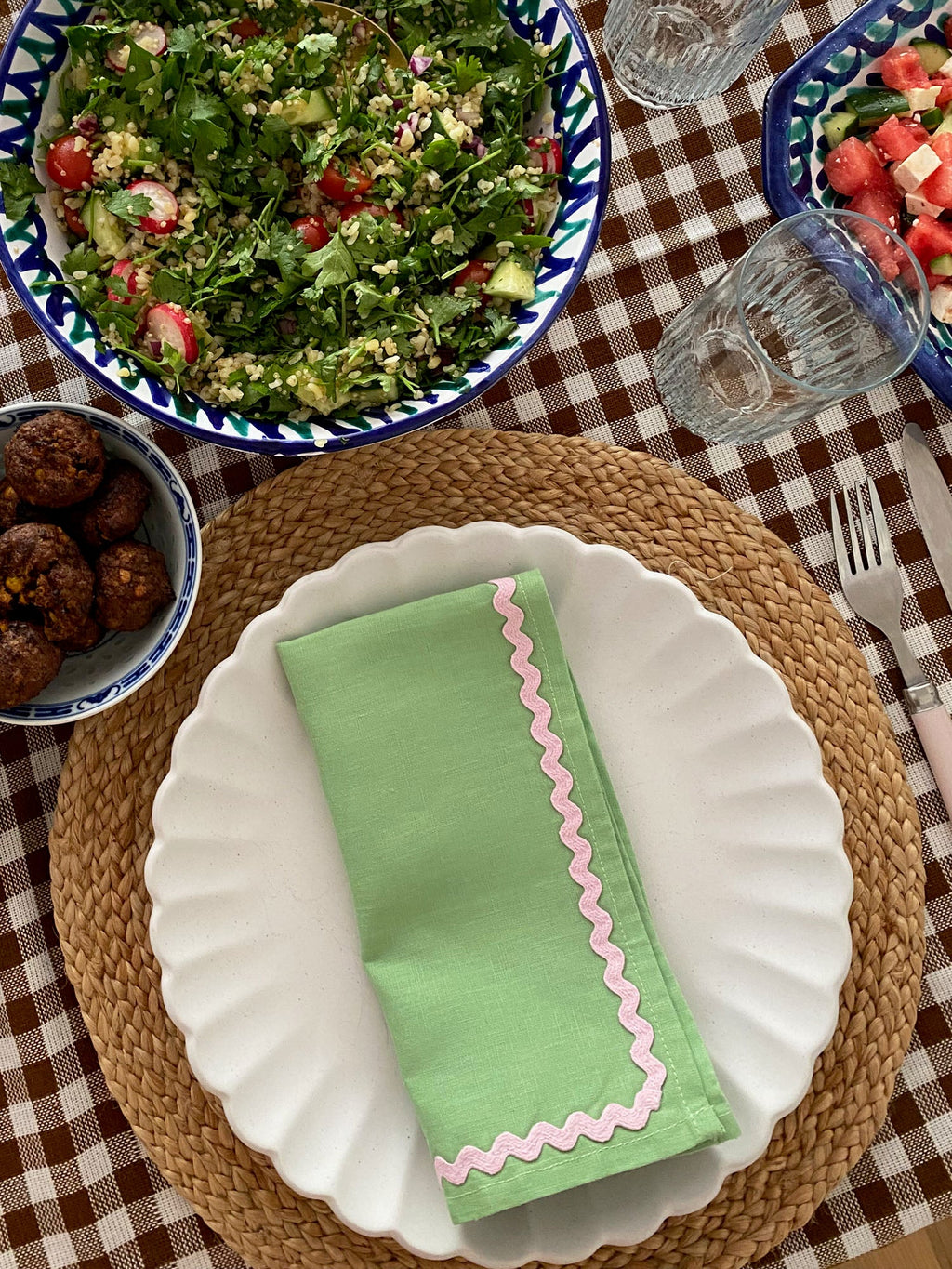 Green and Pink Ric Rac Napkin Set of 2