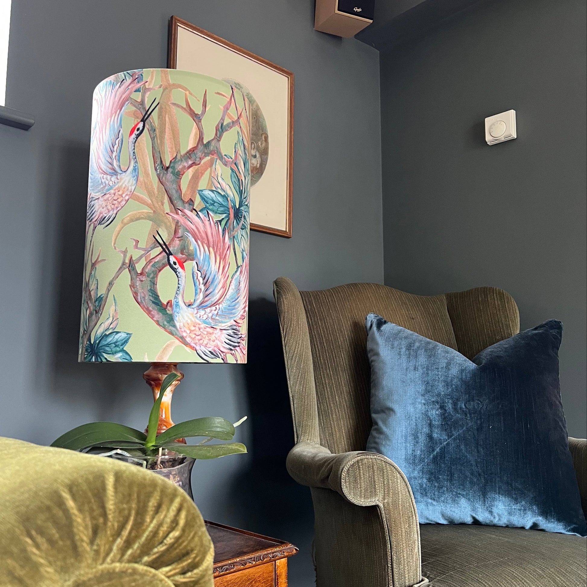 Crane birds velvet cylinder lampshade, extra tall lampshade