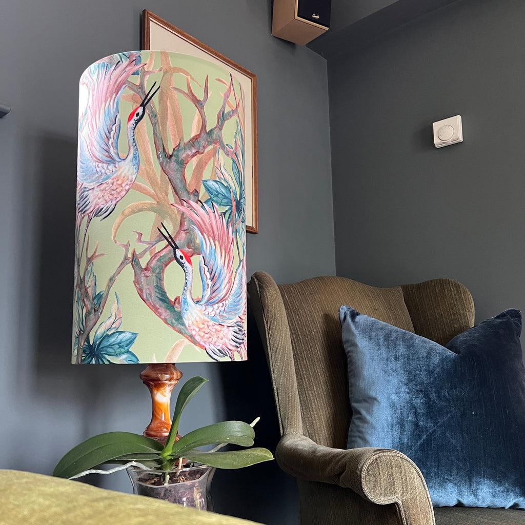 Crane birds velvet cylinder lampshade, extra tall lampshade