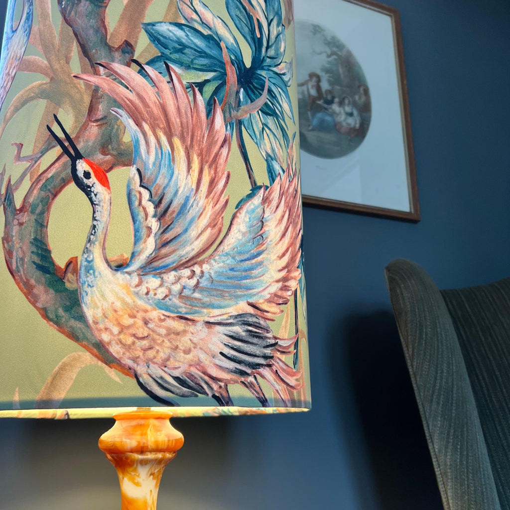 Crane birds velvet cylinder lampshade, extra tall lampshade