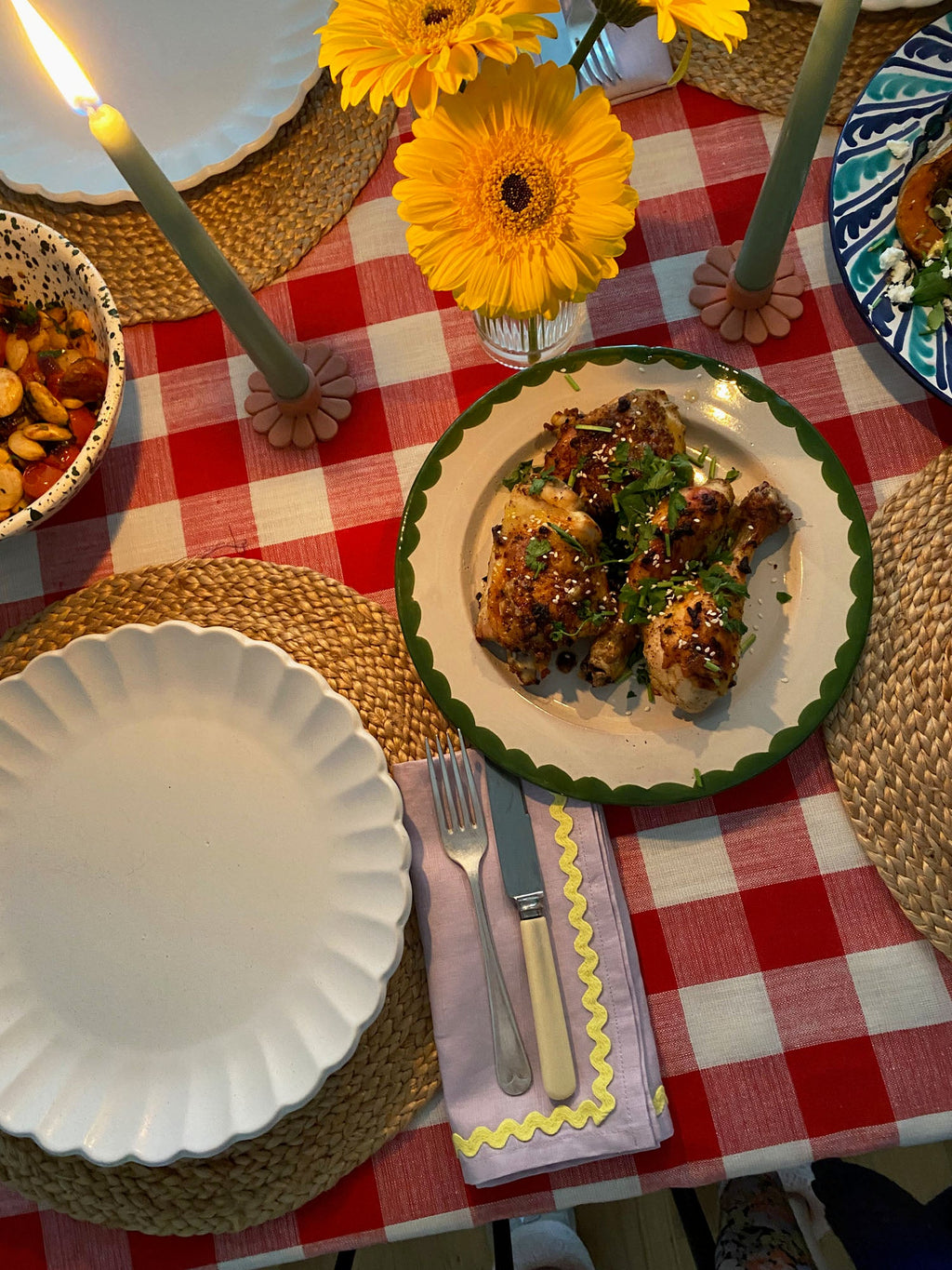 Lilac and Yellow Ric Rac Linen Napkin Set of 2