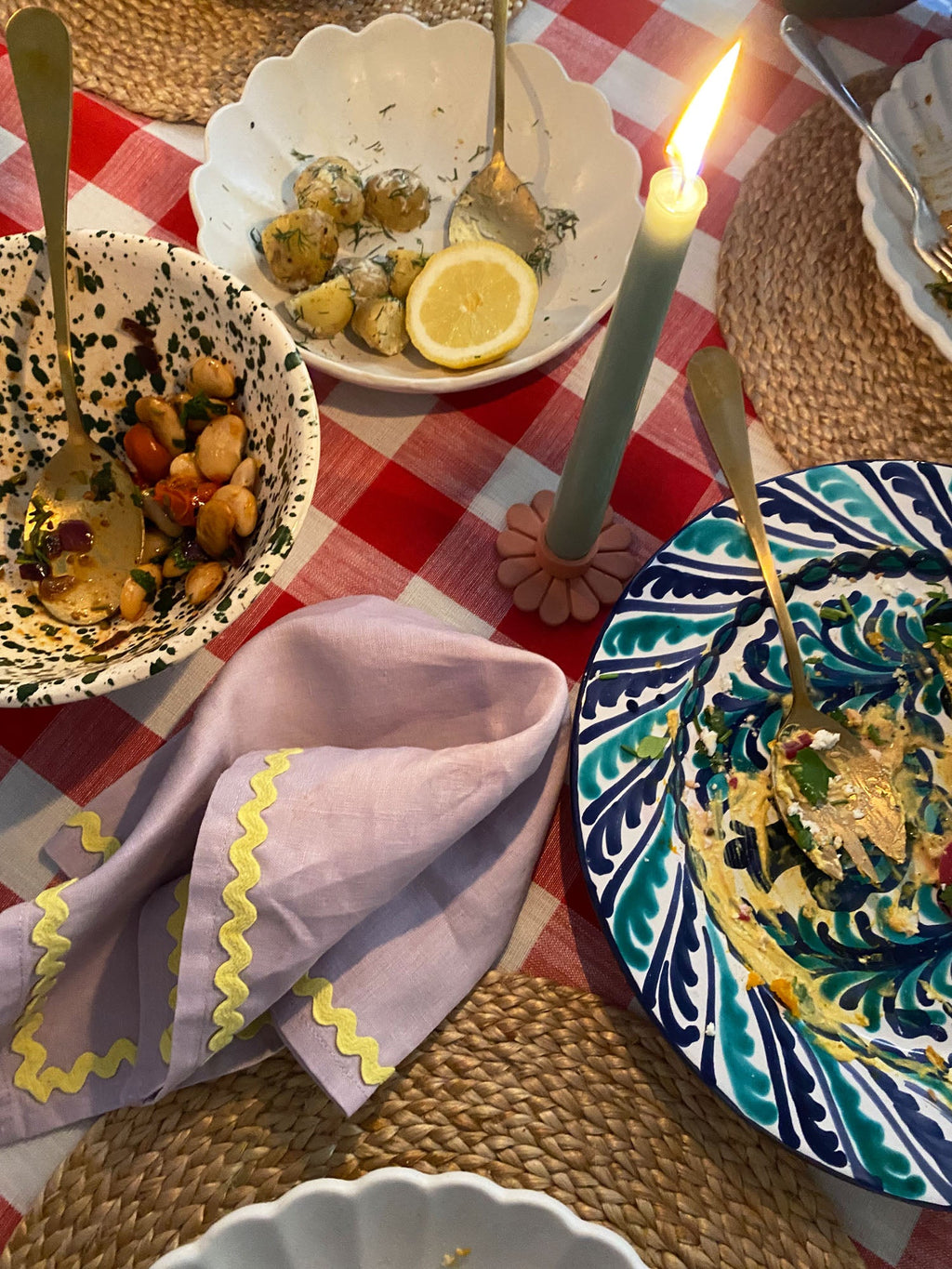 Lilac and Yellow Ric Rac Linen Napkin Set of 2