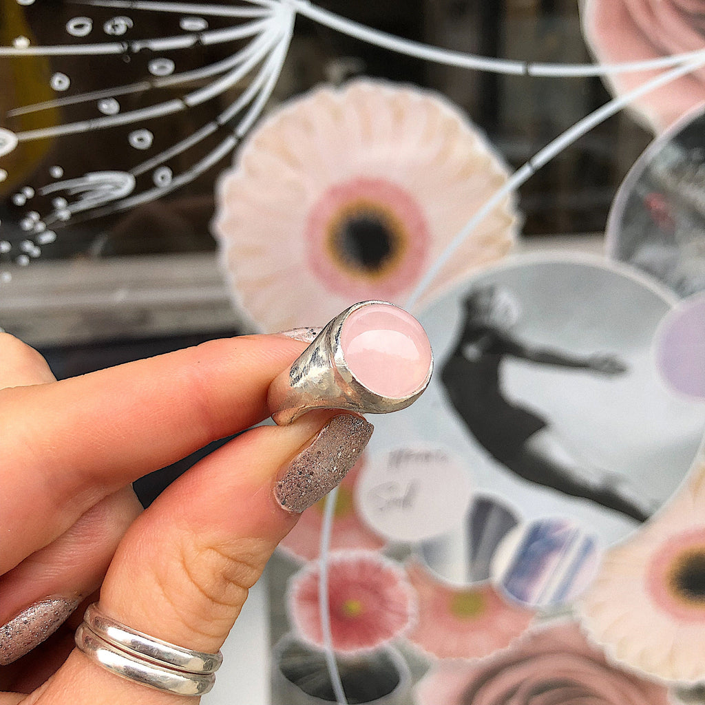 Rose Quartz Moon Ring Signet in Recycled Silver