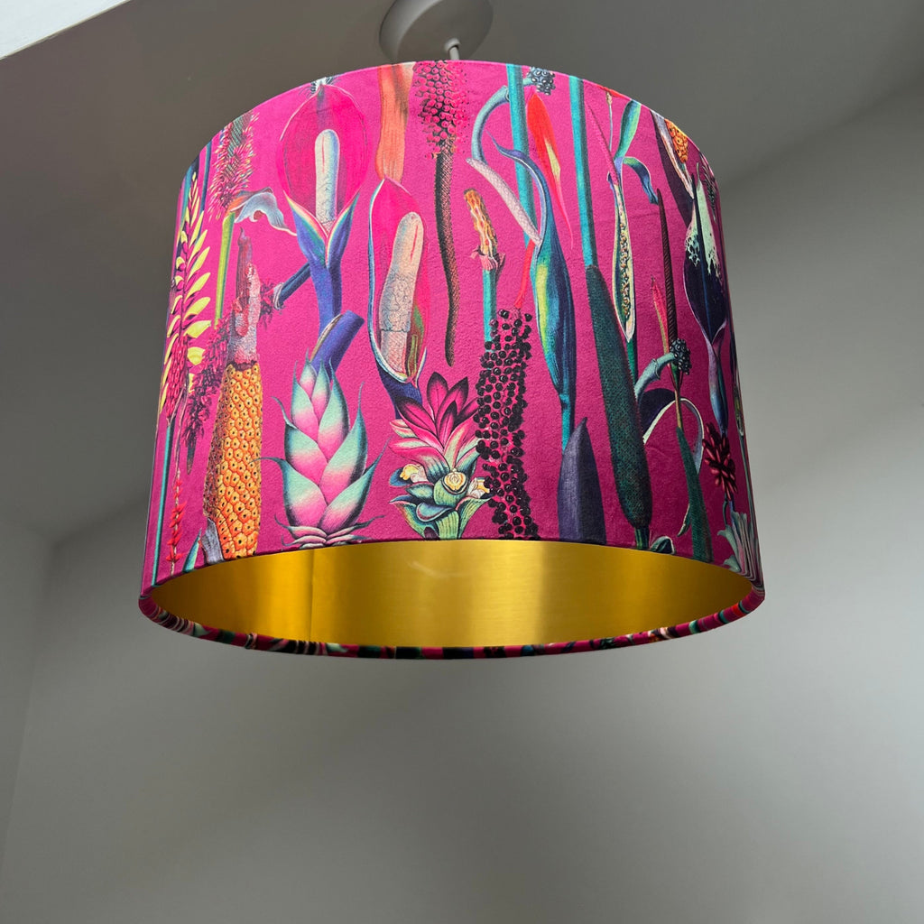 Cerise pink botanical velvet drum lampshade / ceiling shade, with a metallic brushed gold lining