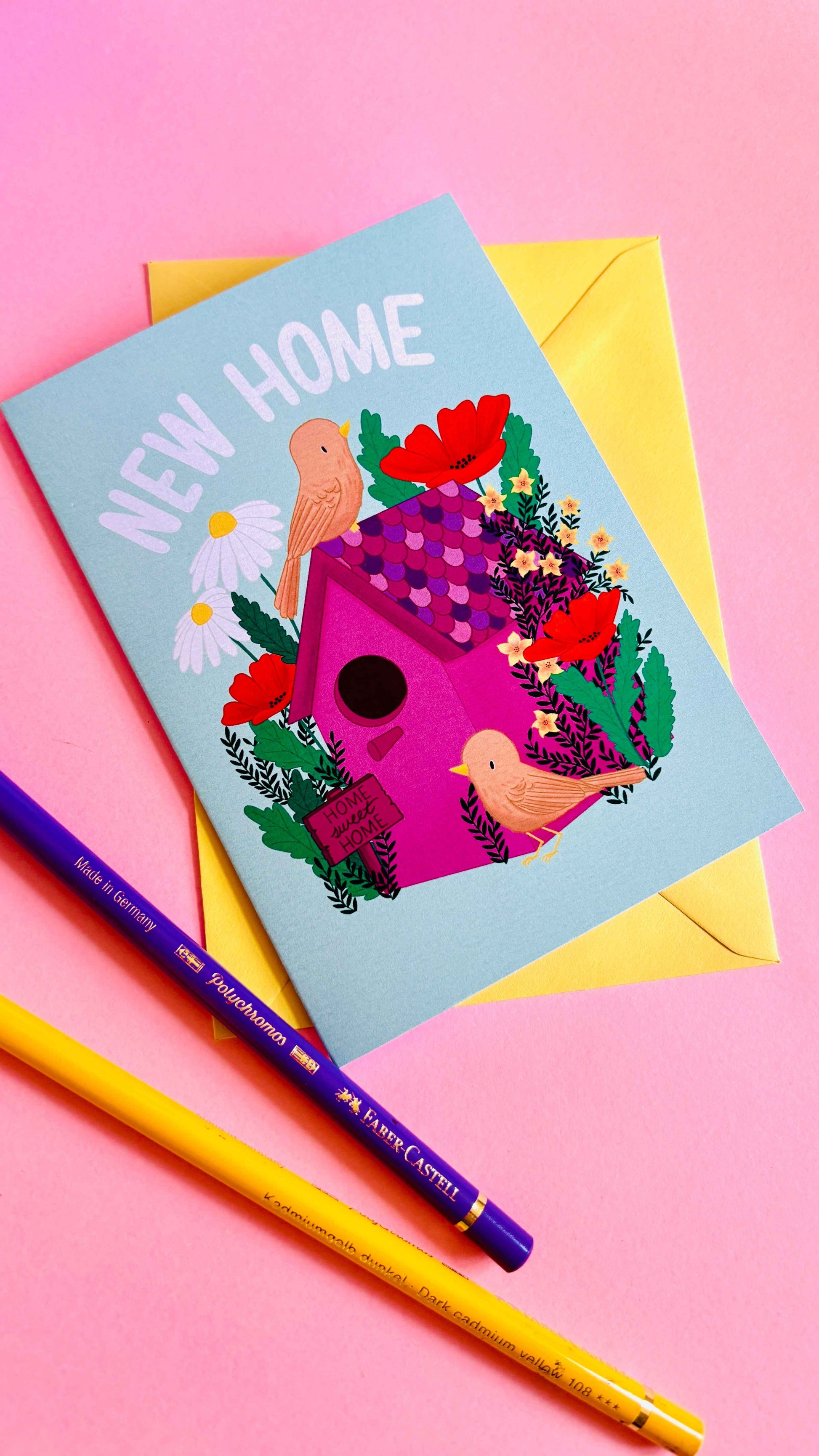 New Home Card with Cute Colourful Handmade Floral Birdhouse