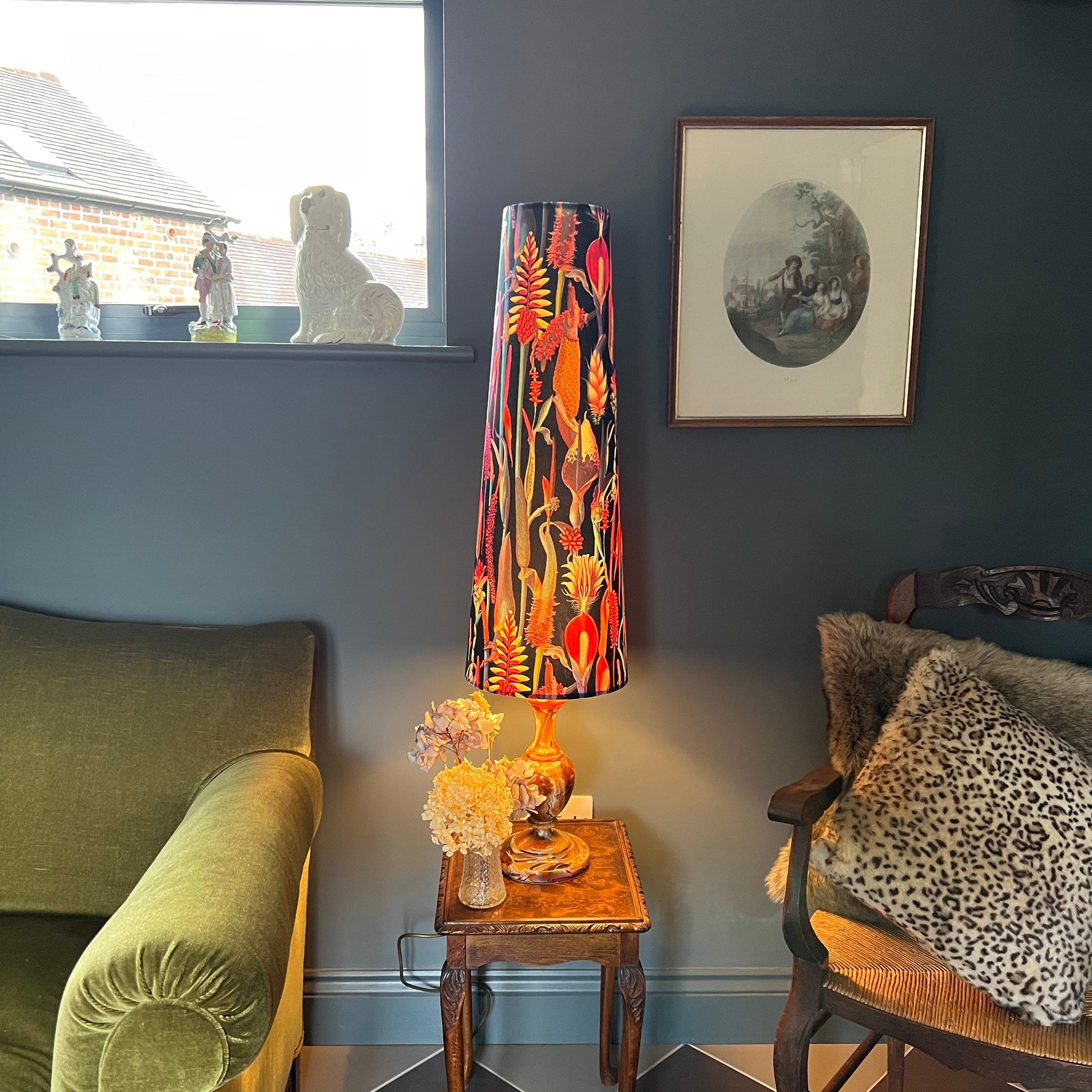 Botanical black velvet cone lampshade, extra tall lampshade