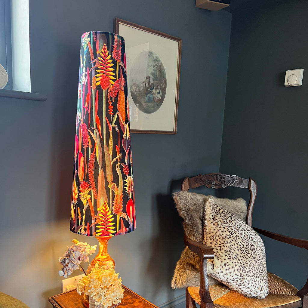 Botanical black velvet cone lampshade, extra tall lampshade