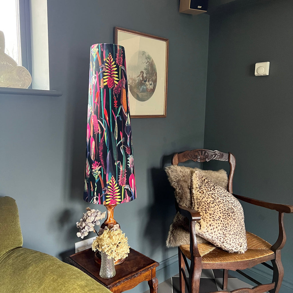 Botanical black velvet cone lampshade, extra tall lampshade