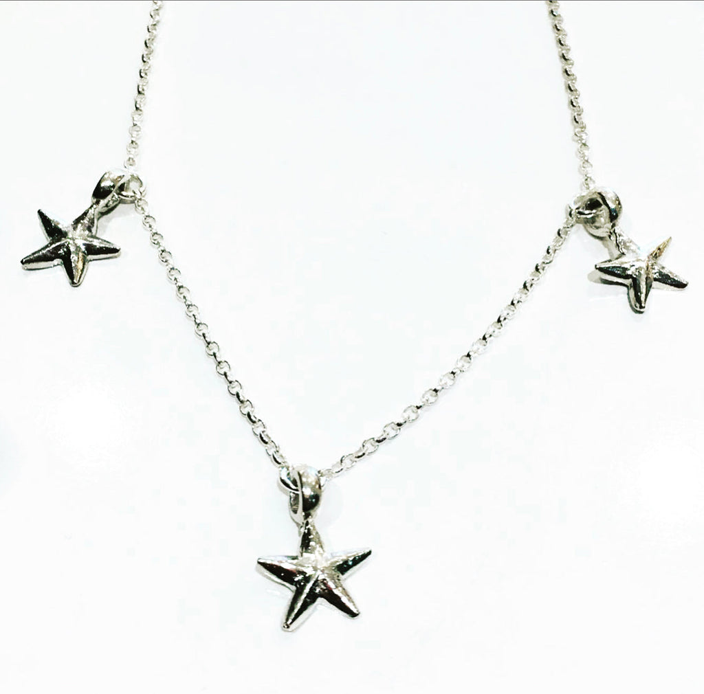 3 Starfish Charm Necklace in Sterling Silver