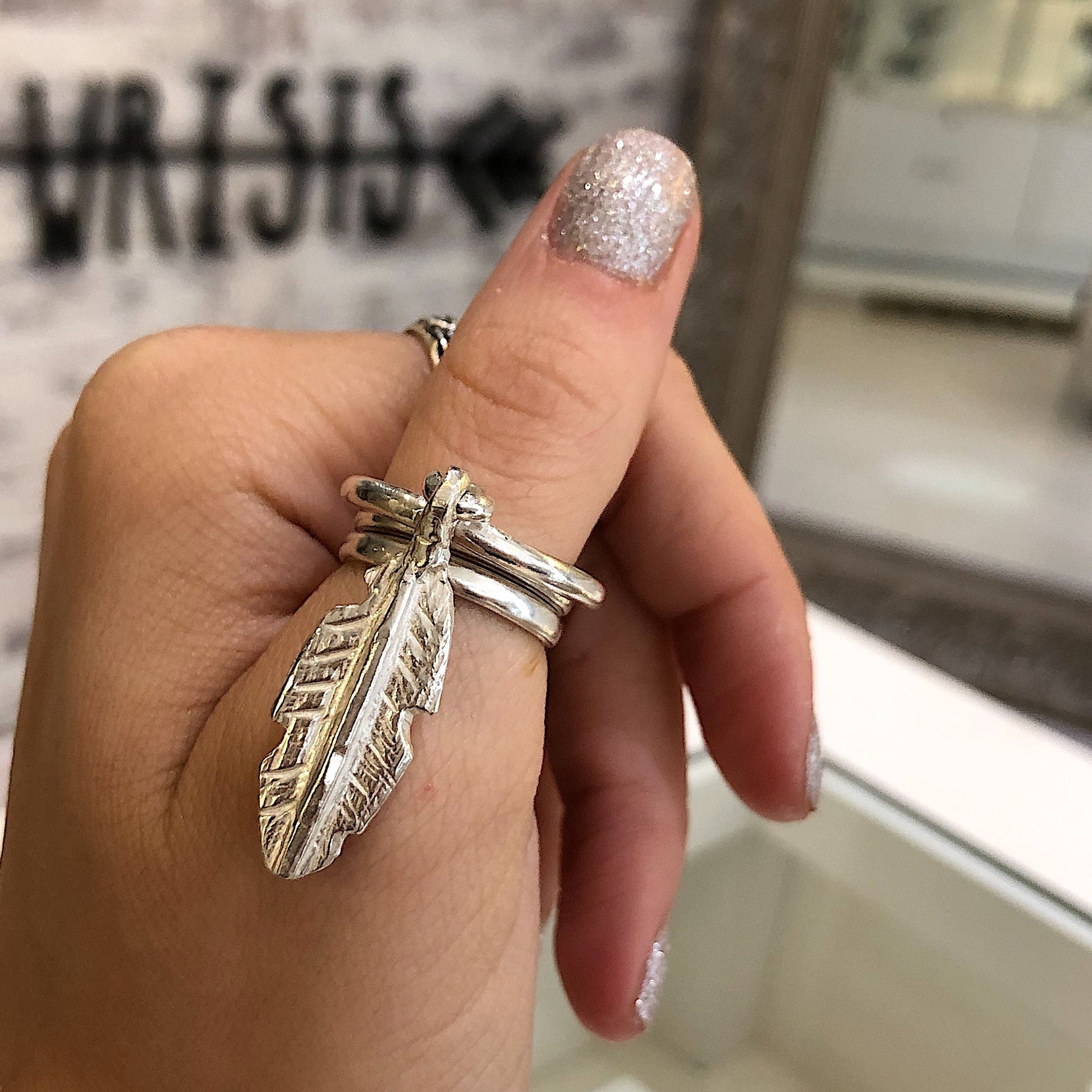 Sterling Silver Feather Dangle Ring