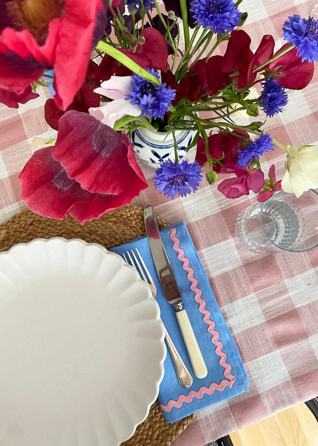 Blue and Coral Ric Rac Linen Napkin Set of 2