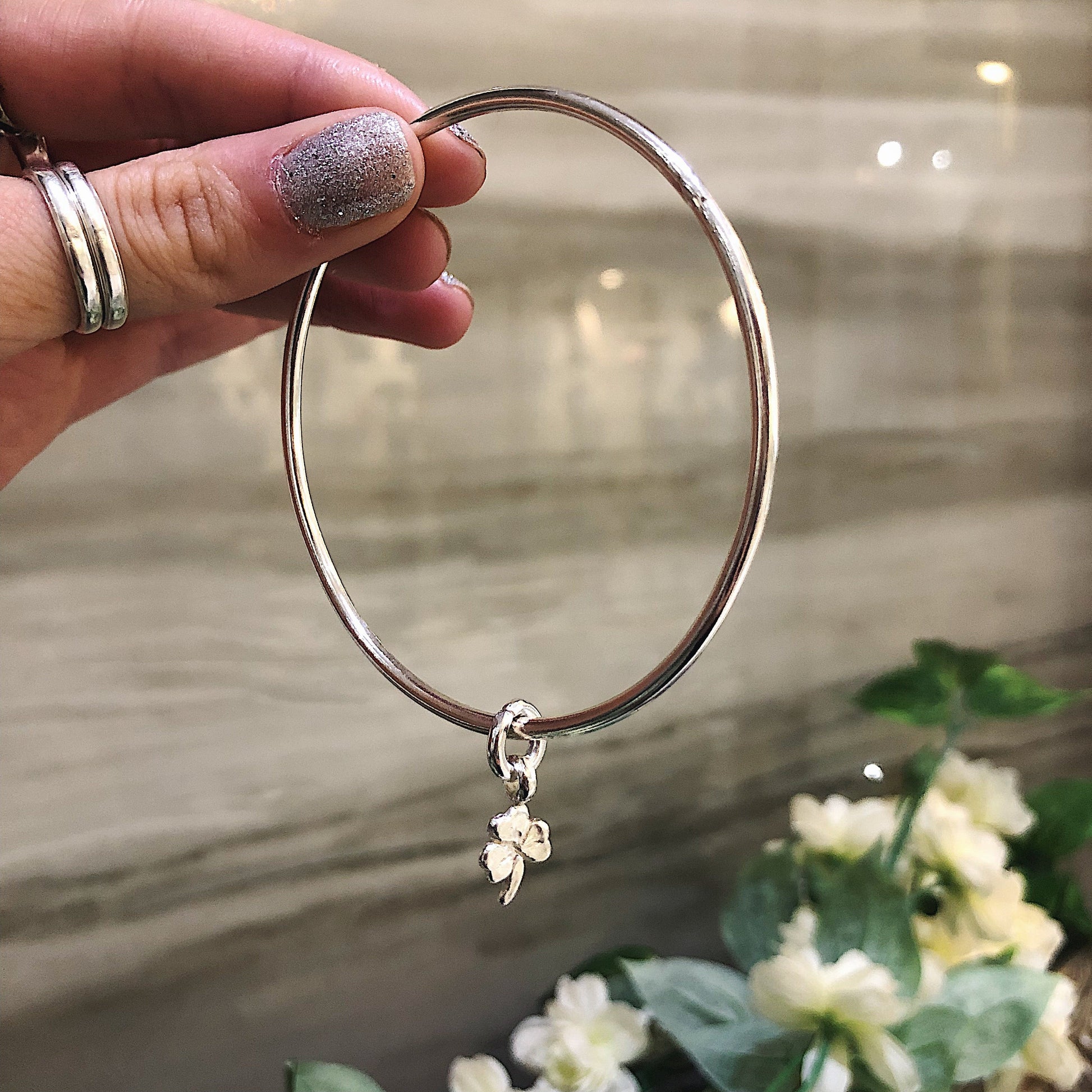 Lucky Clover Silver Charm Bangle