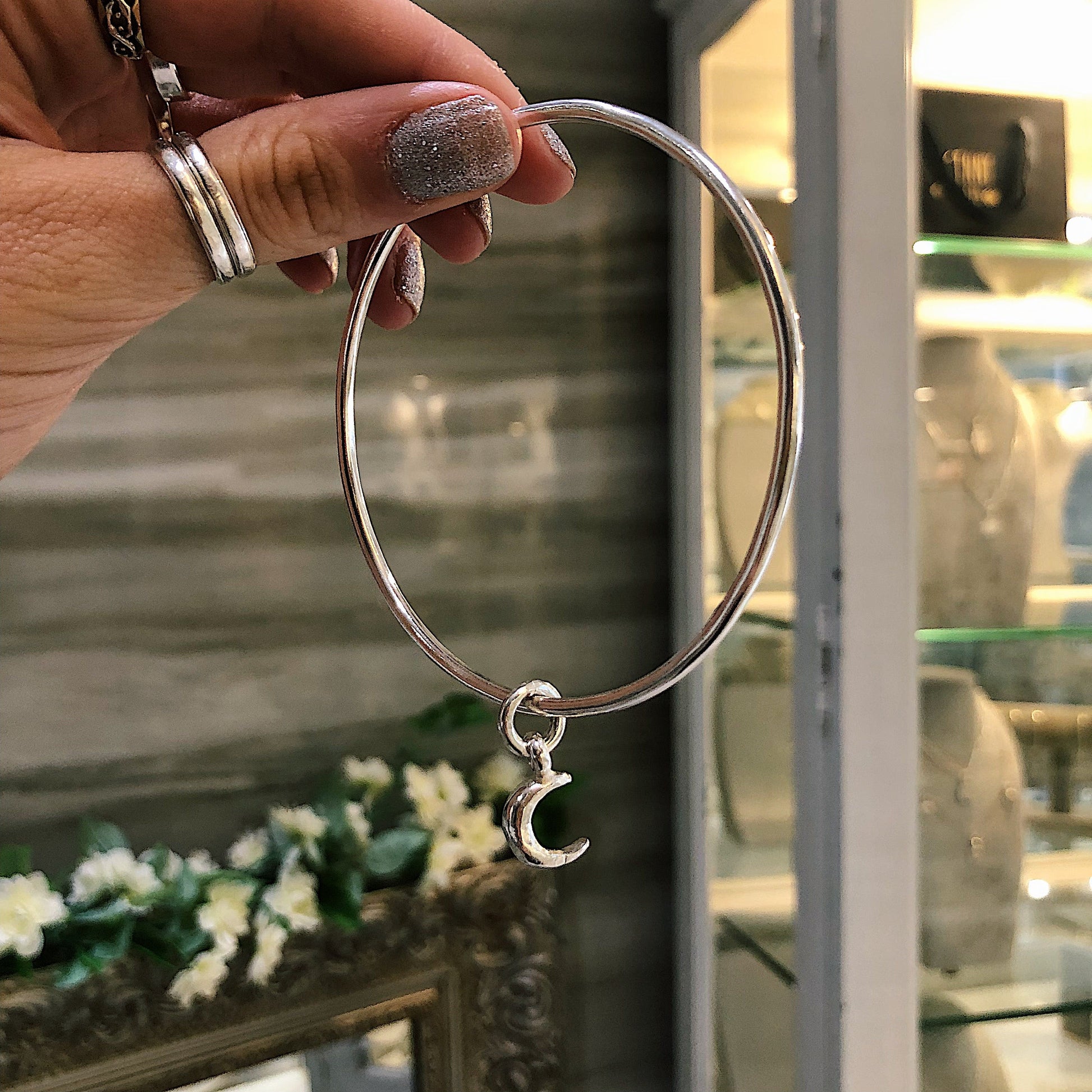Crescent Moon Charm Bangle in Recycled Sterling Silver
