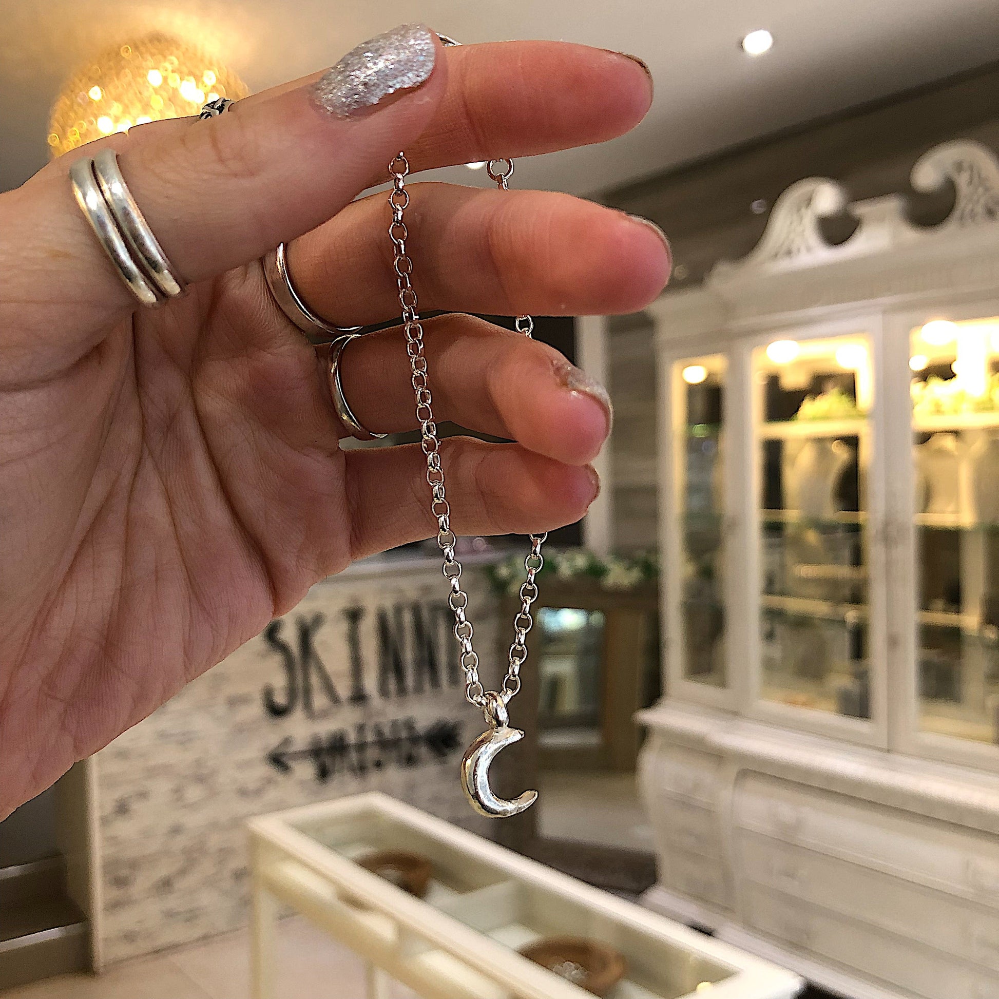 Crescent Moon Chain Bracelet in Sterling Silver